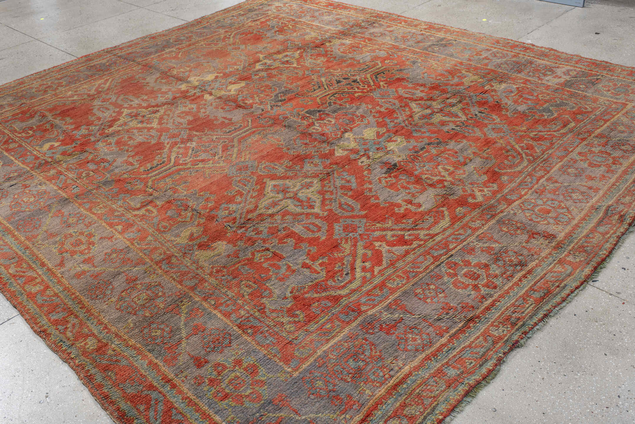 10' x 11' one-of-a-kind handmade antique Oushak large size rug. Color palette: terra cotta, gray, pale blue, ivory, rust