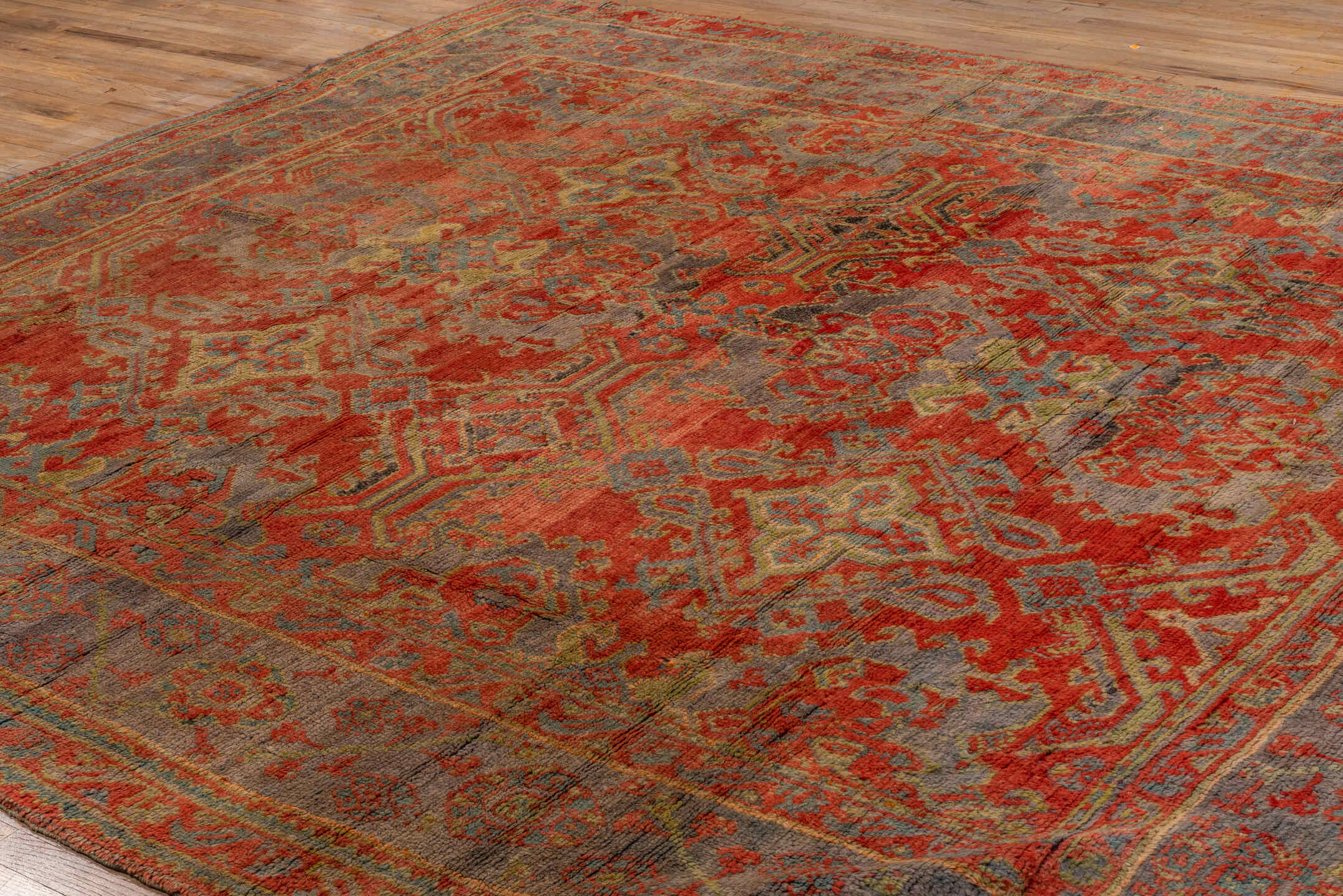 10' x 11' one-of-a-kind handmade antique Oushak large size rug. Color palette: terra cotta, gray, pale blue, ivory, rust