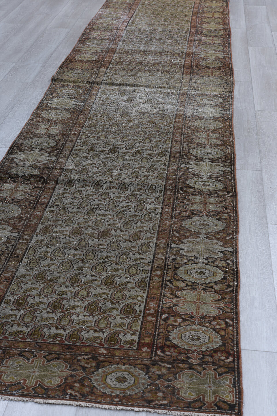 3' x 16' one-of-a-kind handmade vintage Malayer runner rug. Color palette: brown, taupe, ivory, rust, charcoal, camel, beige