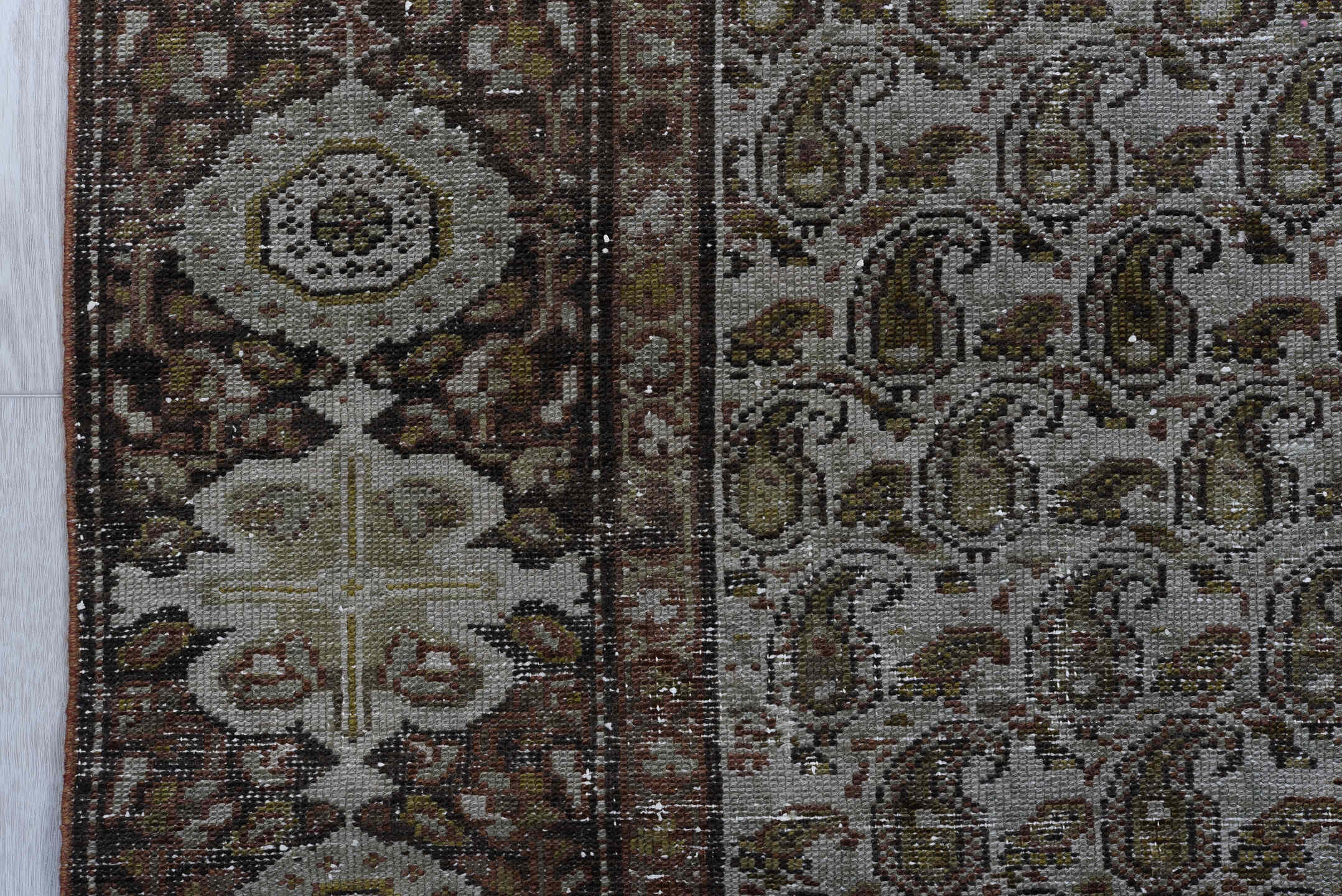 3' x 16' one-of-a-kind handmade vintage Malayer runner rug. Color palette: brown, taupe, ivory, rust, charcoal, camel, beige