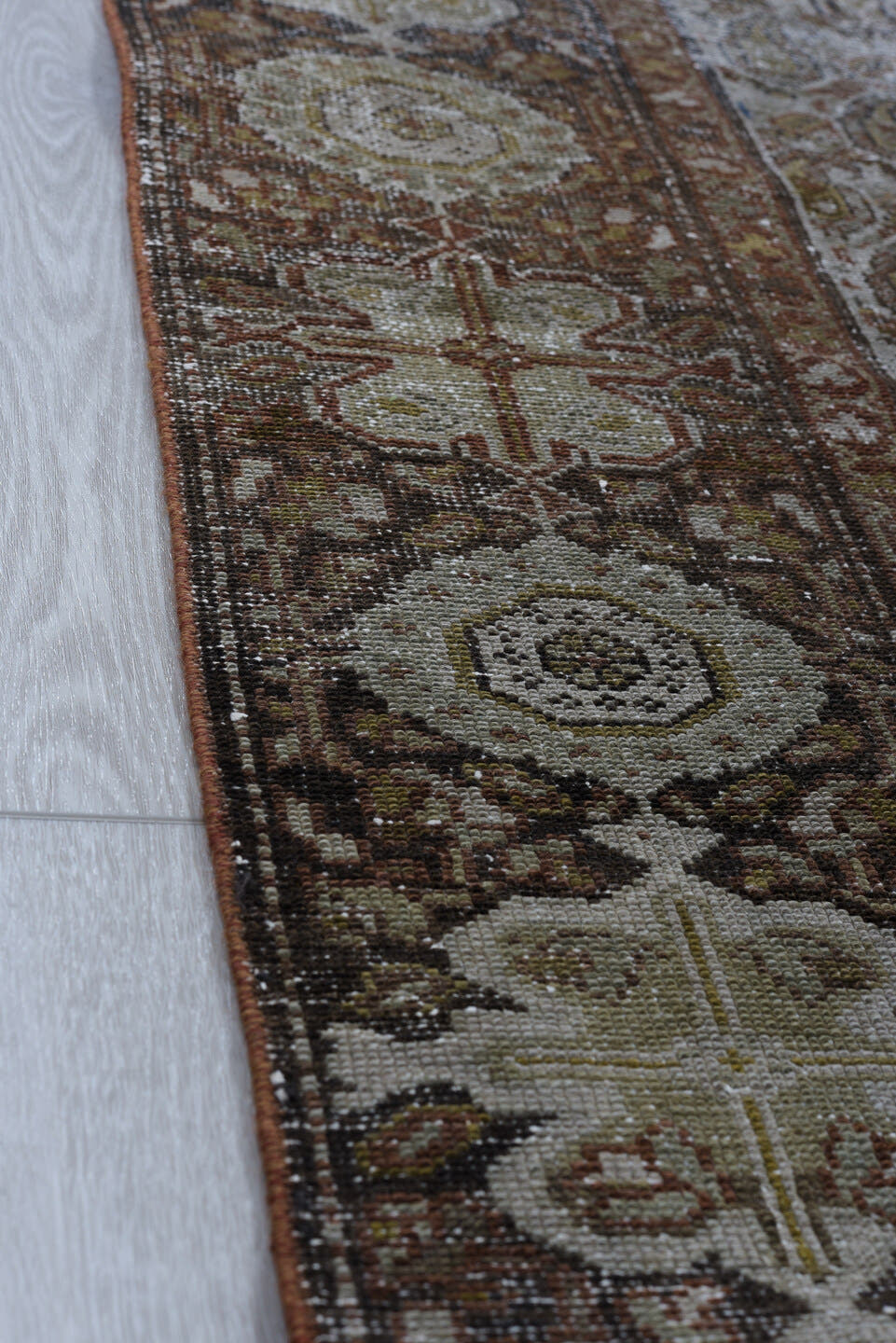 3' x 16' one-of-a-kind handmade vintage Malayer runner rug. Color palette: brown, taupe, ivory, rust, charcoal, camel, beige
