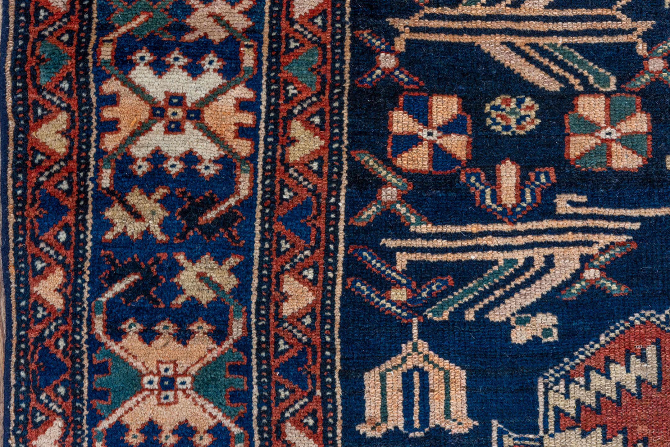 3' x 7' one-of-a-kind handmade vintage Malayer runner rug. Color palette: navy, ivory, rust, teal, camel, crimson, charcoal