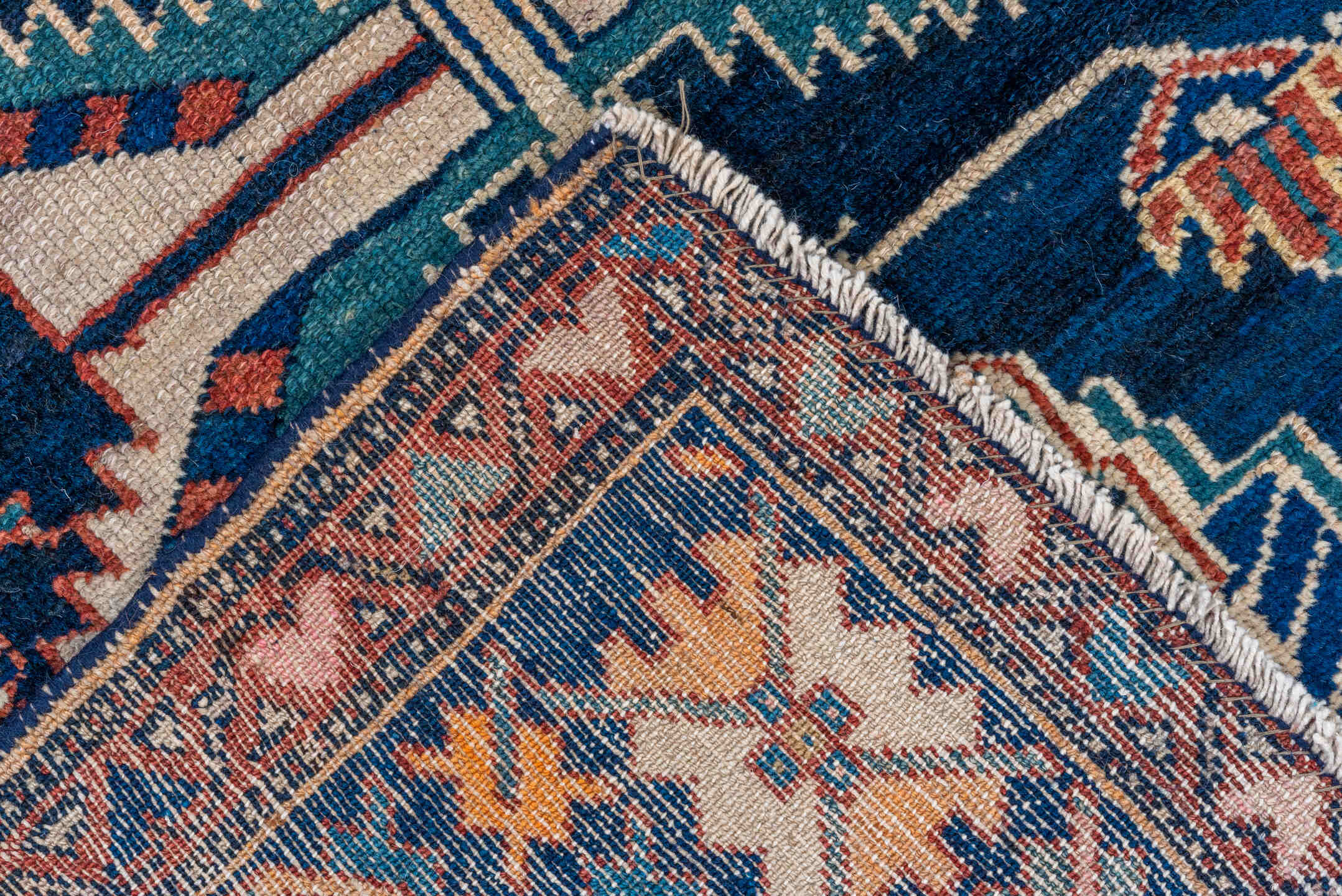 3' x 7' one-of-a-kind handmade vintage Malayer runner rug. Color palette: navy, ivory, rust, teal, camel, crimson, charcoal
