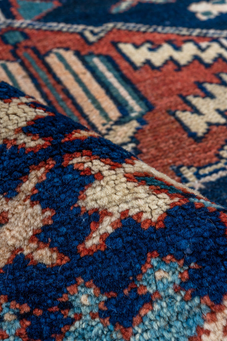 3' x 7' one-of-a-kind handmade vintage Malayer runner rug. Color palette: navy, ivory, rust, teal, camel, crimson, charcoal