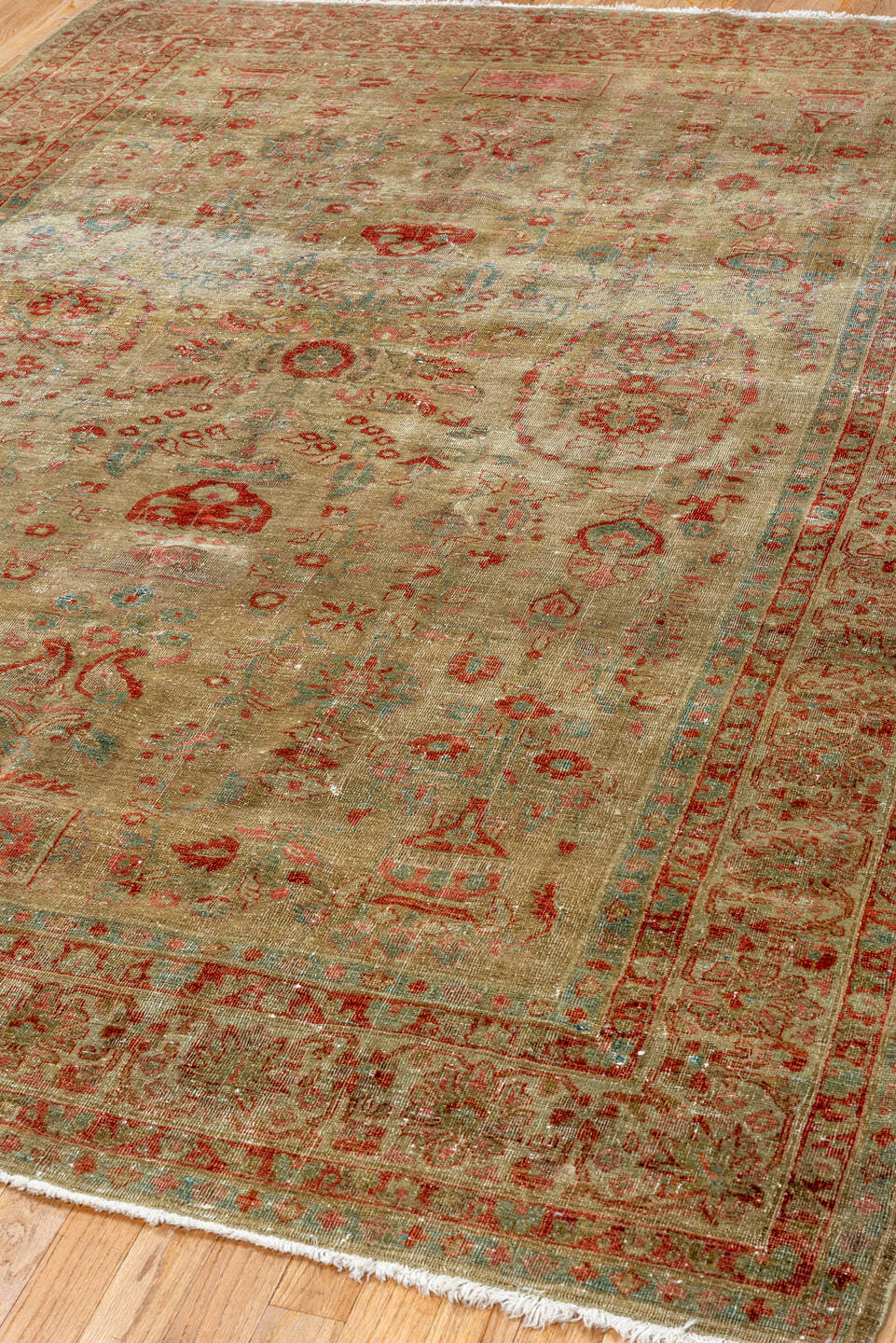 6' x 8' one-of-a-kind handmade antique Sarouk medium size rug. Color palette: taupe, beige, rust, terra cotta, sage