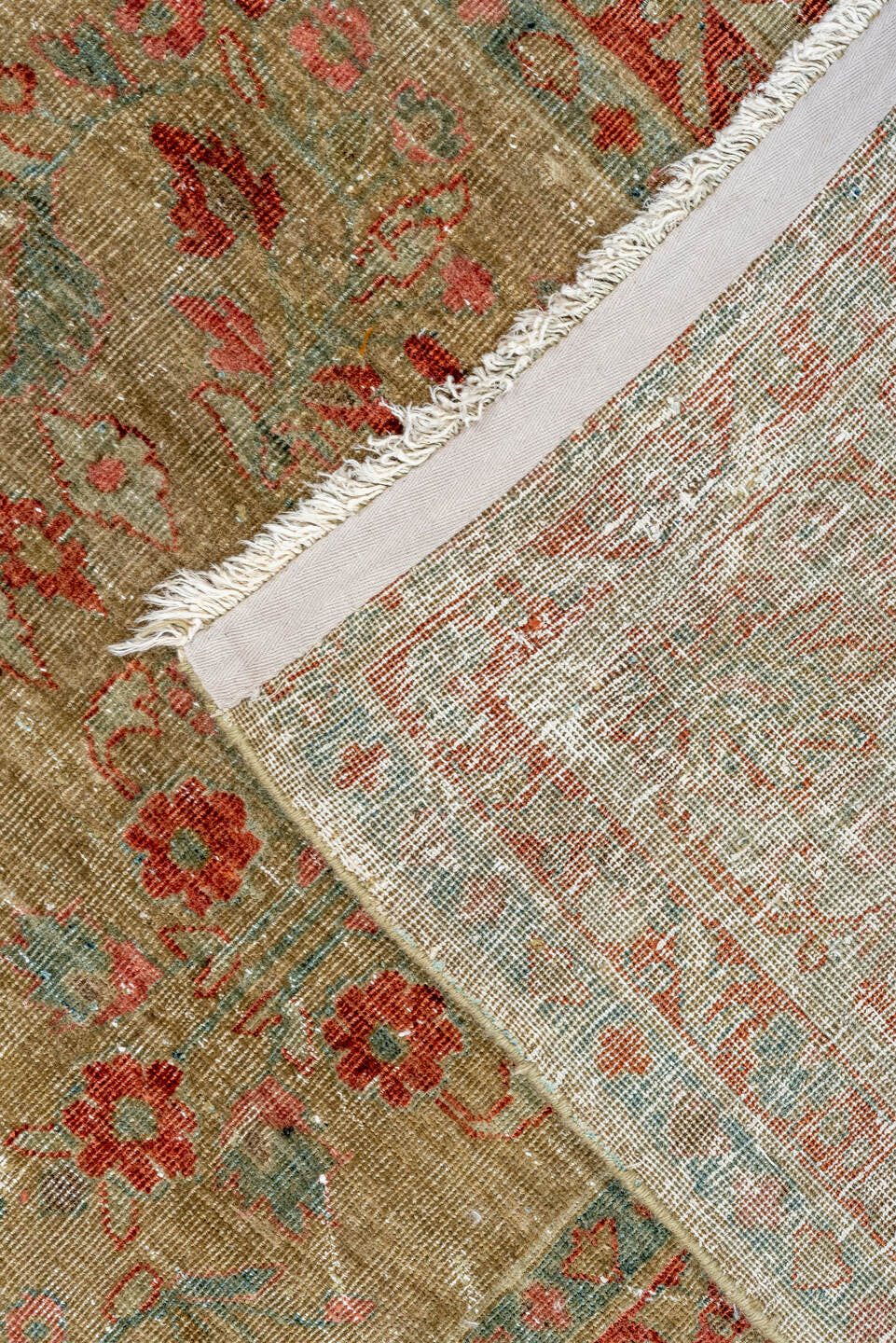 6' x 8' one-of-a-kind handmade antique Sarouk medium size rug. Color palette: taupe, beige, rust, terra cotta, sage