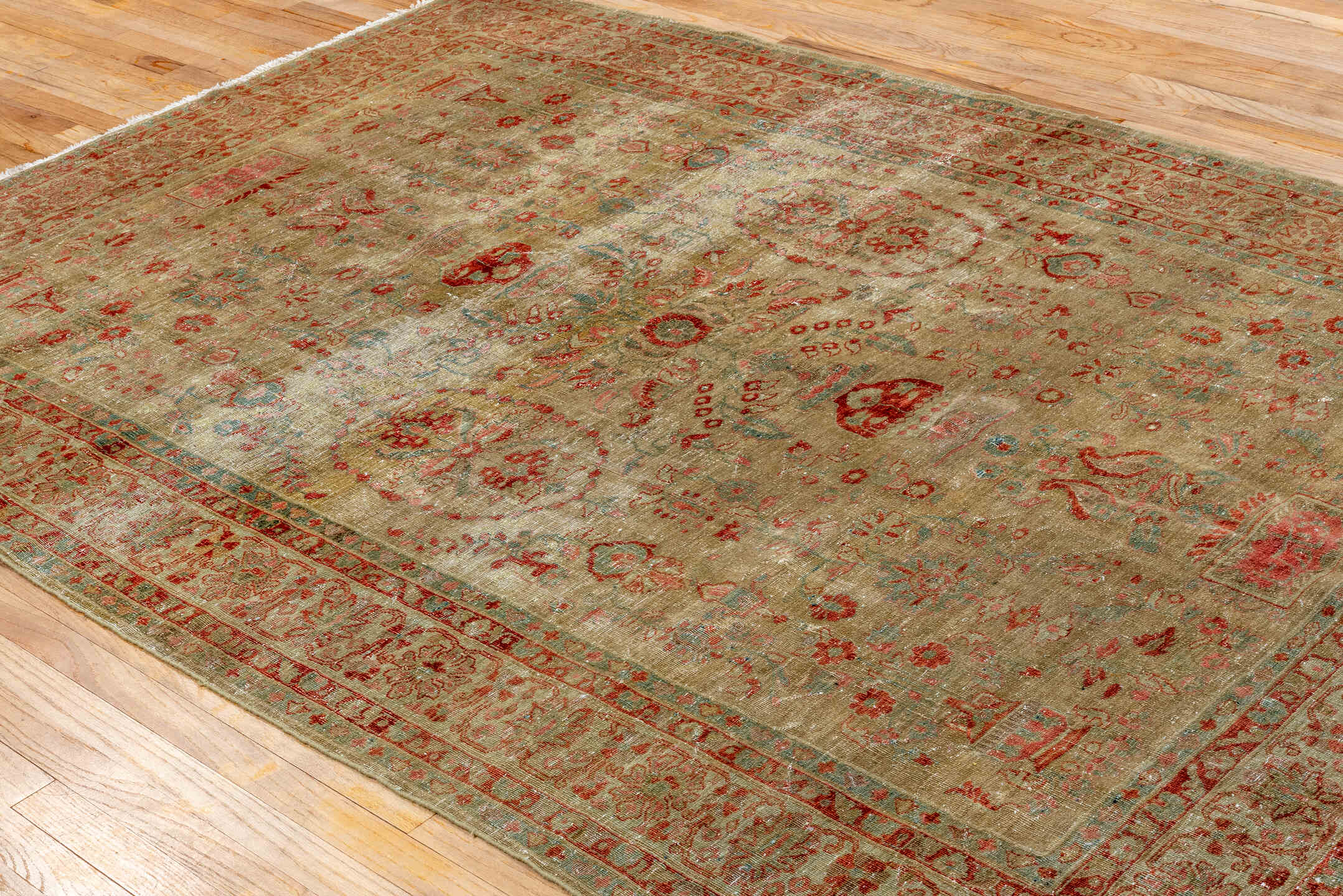 6' x 8' one-of-a-kind handmade antique Sarouk medium size rug. Color palette: taupe, beige, rust, terra cotta, sage