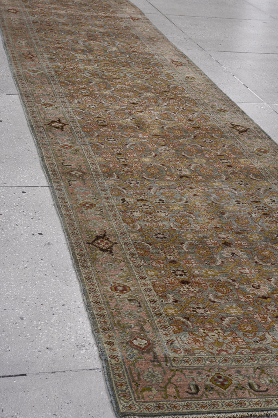 3' x 16' one-of-a-kind handmade antique Bidjar runner rug. Color palette: taupe, slate, ivory, rose, brown, sage, gold