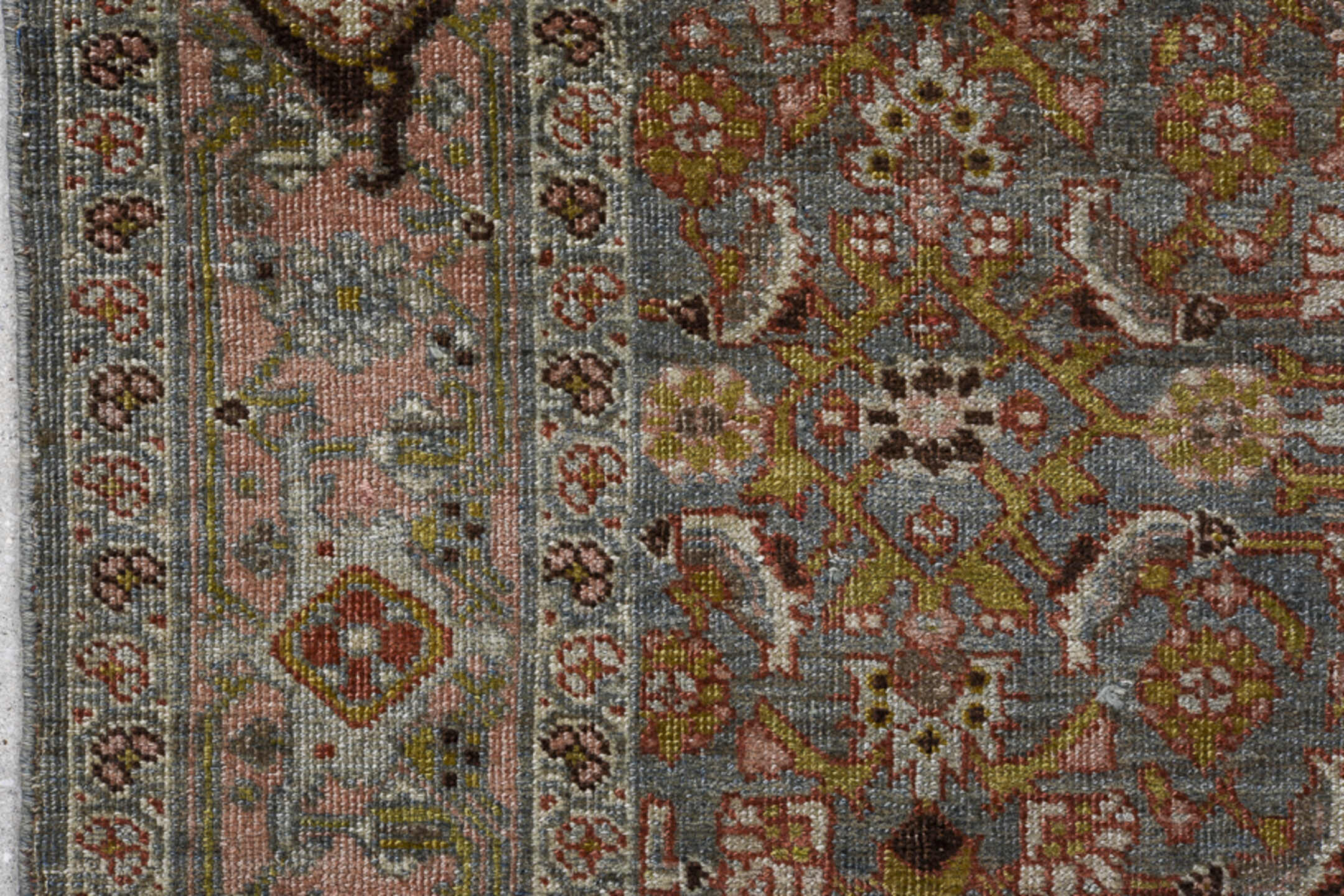 3' x 16' one-of-a-kind handmade antique Bidjar runner rug. Color palette: taupe, slate, ivory, rose, brown, sage, gold