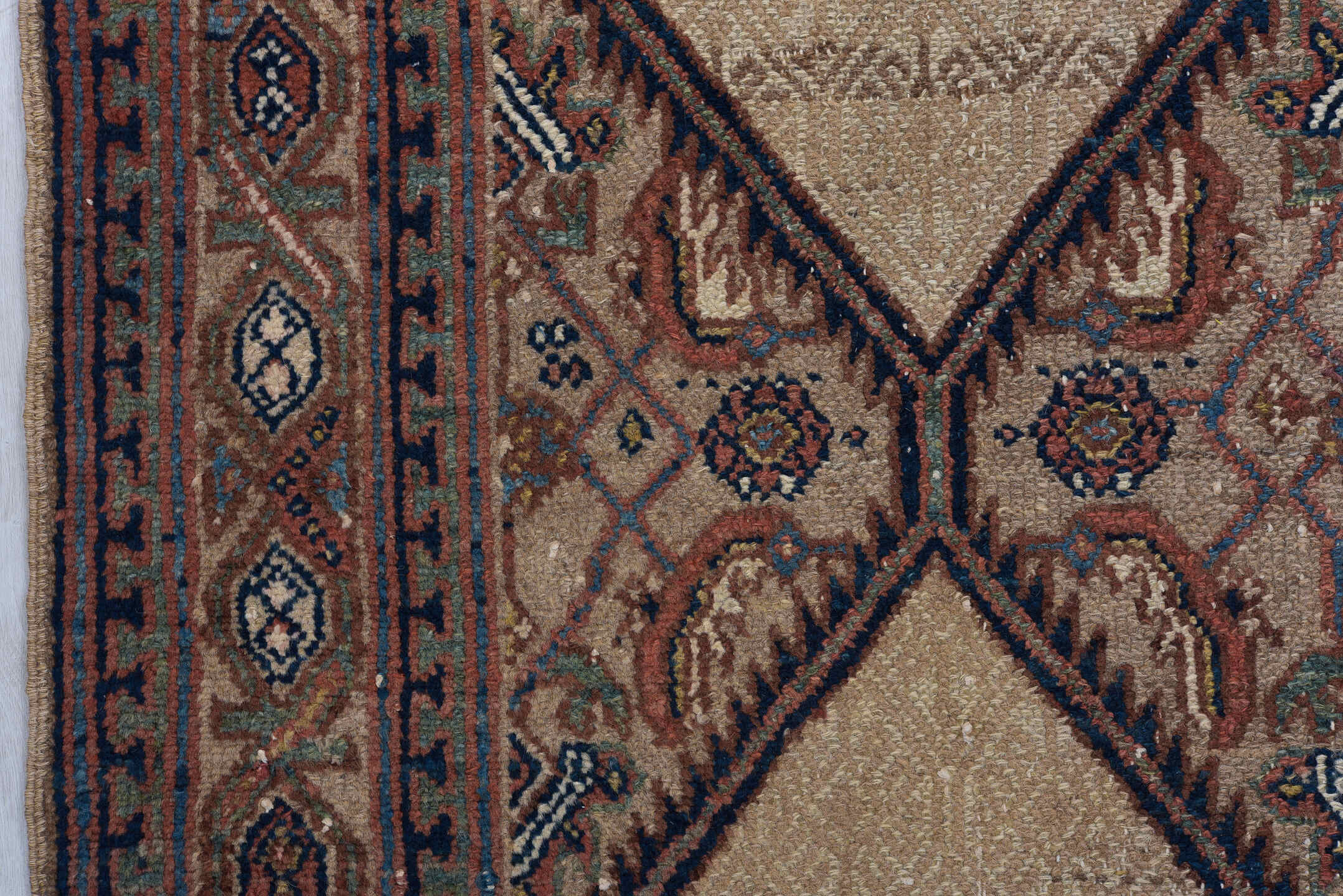2' x 17' one-of-a-kind handmade vintage Cam Hamadan runner rug. Color palette: ivory, rust, navy, camel, slate, brown