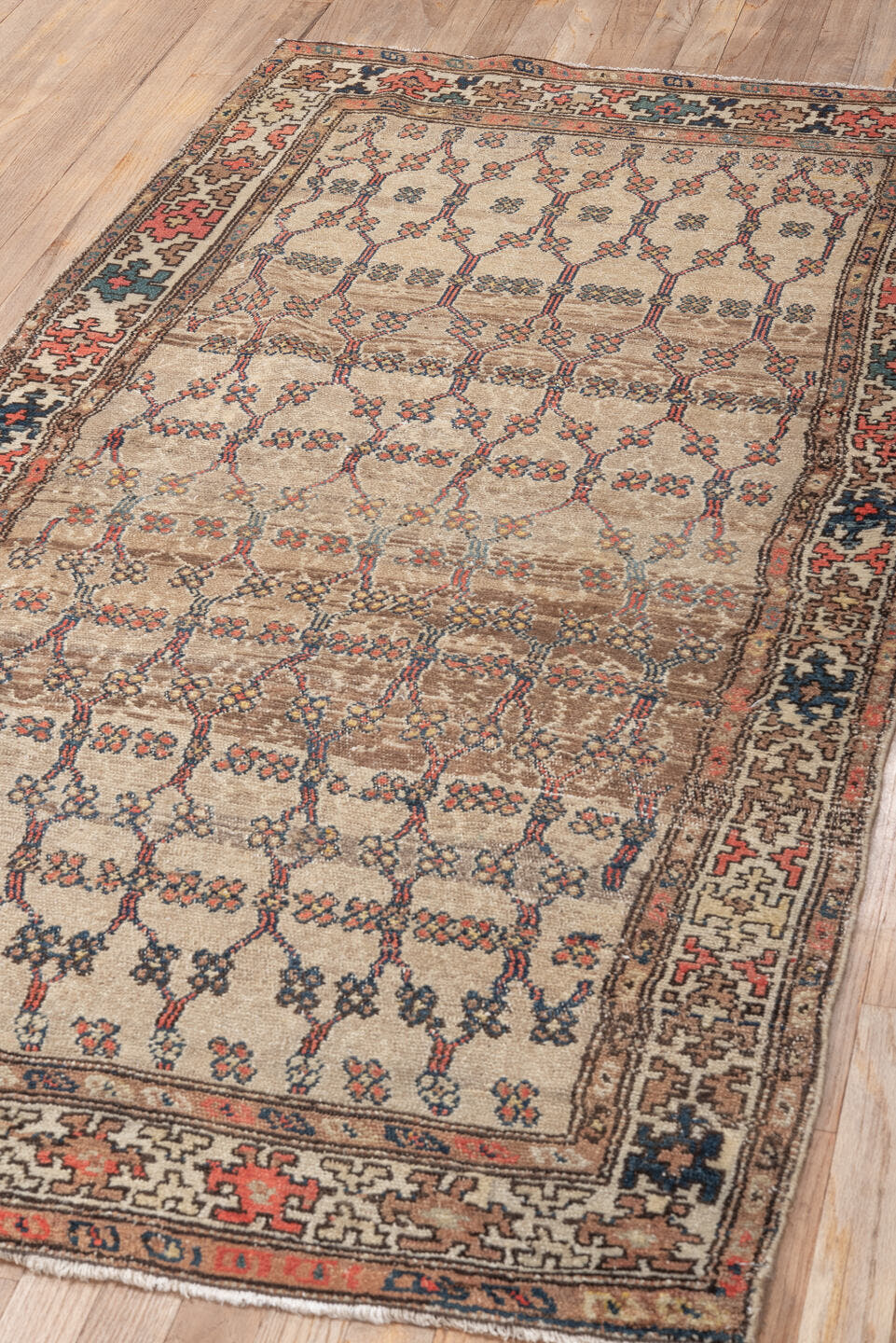 3' x 6' one-of-a-kind handmade antique Hamadan small size rug. Color palette: ivory, taupe, navy, coral, brown, teal