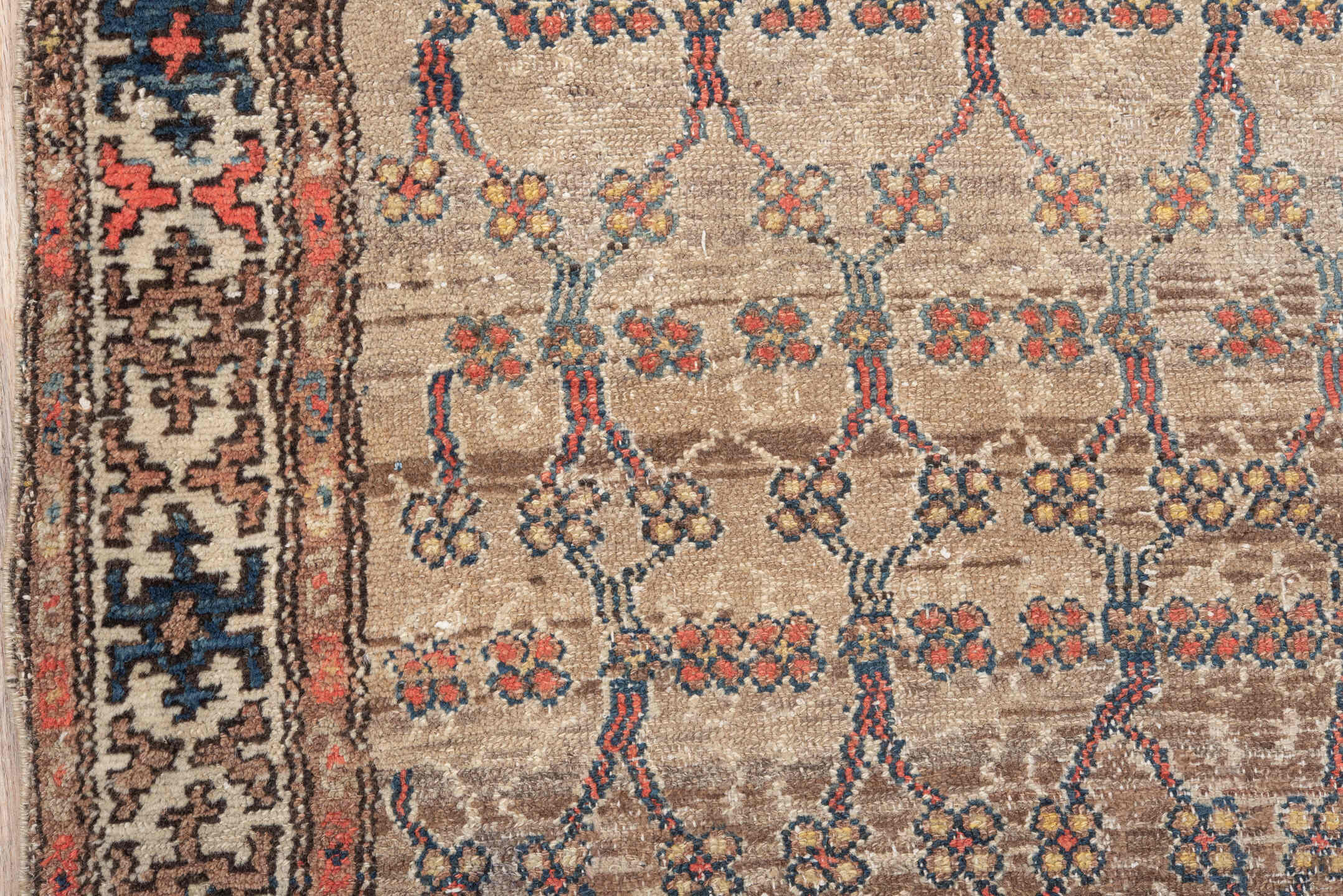 3' x 6' one-of-a-kind handmade antique Hamadan small size rug. Color palette: ivory, taupe, navy, coral, brown, teal