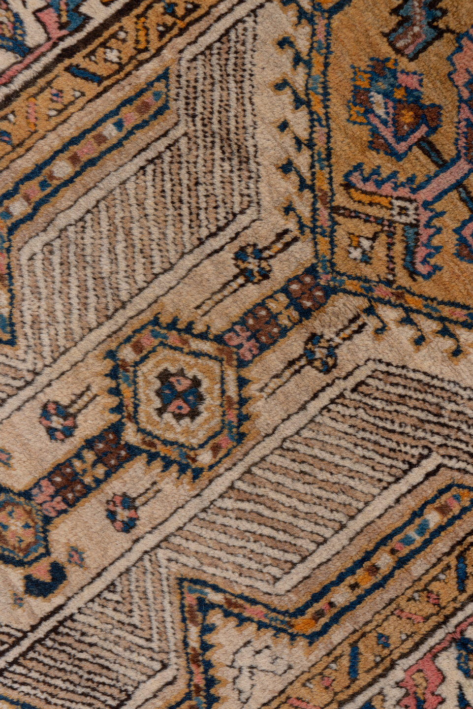 3' x 14' one-of-a-kind handmade vintage Sarab runner rug. Color palette: brown, blue, gray, black, off-white, light gray