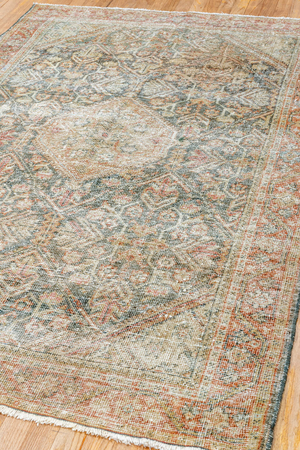 4' x 6' one-of-a-kind handmade antique Mahal small size rug. Color palette: ivory, rust, slate, taupe, terra cotta, sage