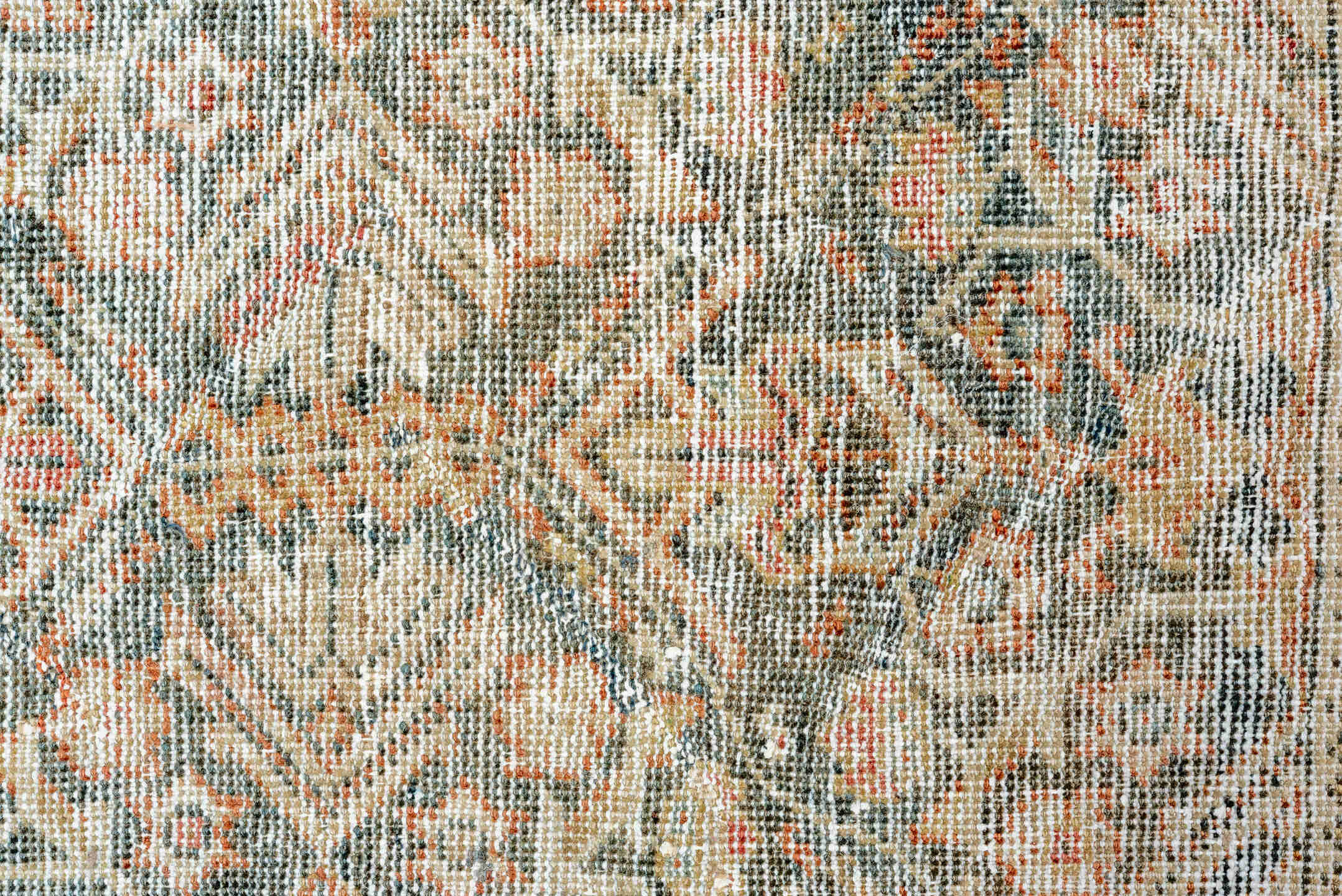 4' x 6' one-of-a-kind handmade antique Mahal small size rug. Color palette: ivory, rust, slate, taupe, terra cotta, sage