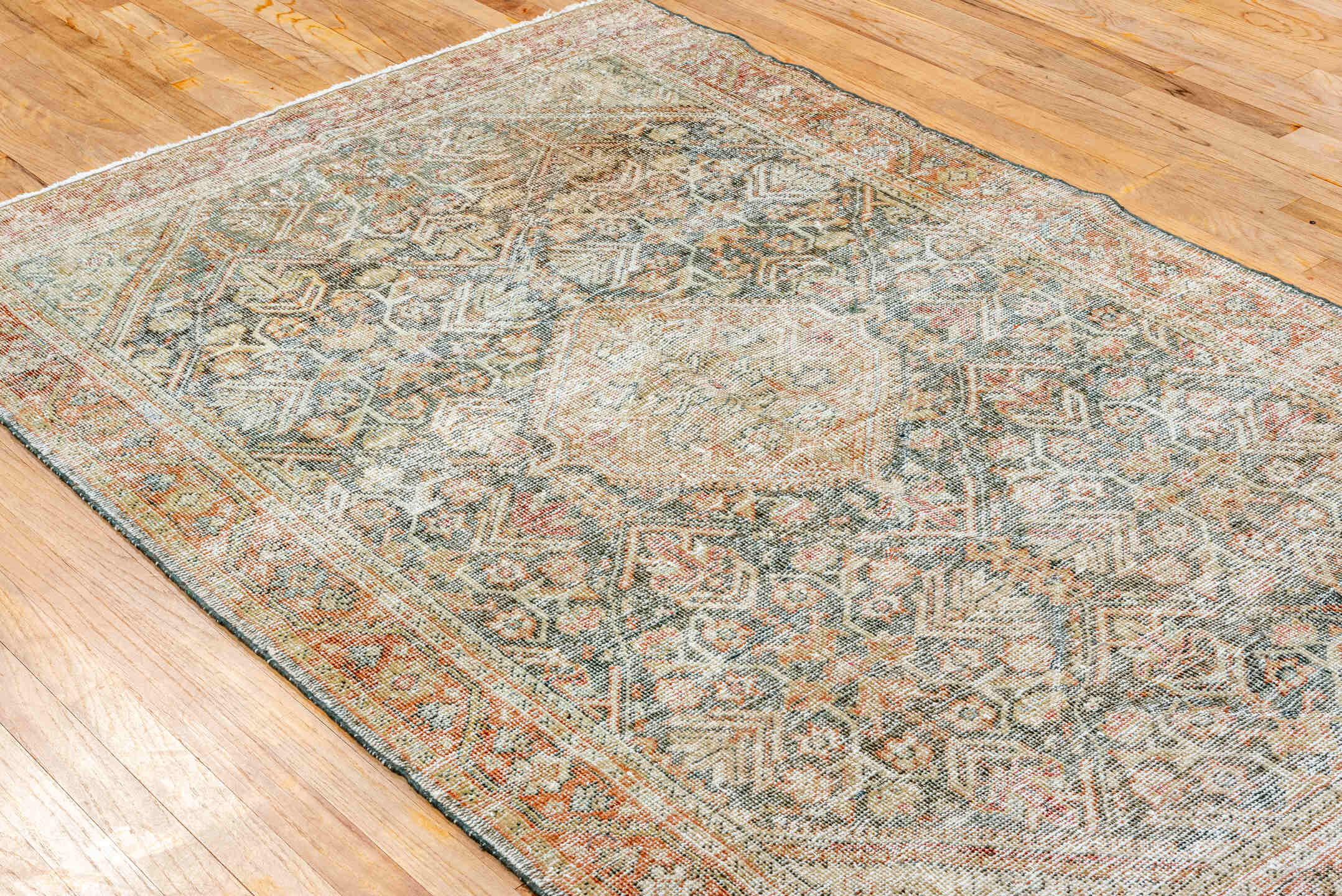 4' x 6' one-of-a-kind handmade antique Mahal small size rug. Color palette: ivory, rust, slate, taupe, terra cotta, sage