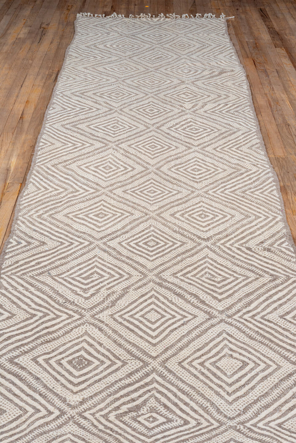 3' x 13' one-of-a-kind handmade vintage Kilim runner rug. Color palette: ivory, taupe, beige, camel, gray