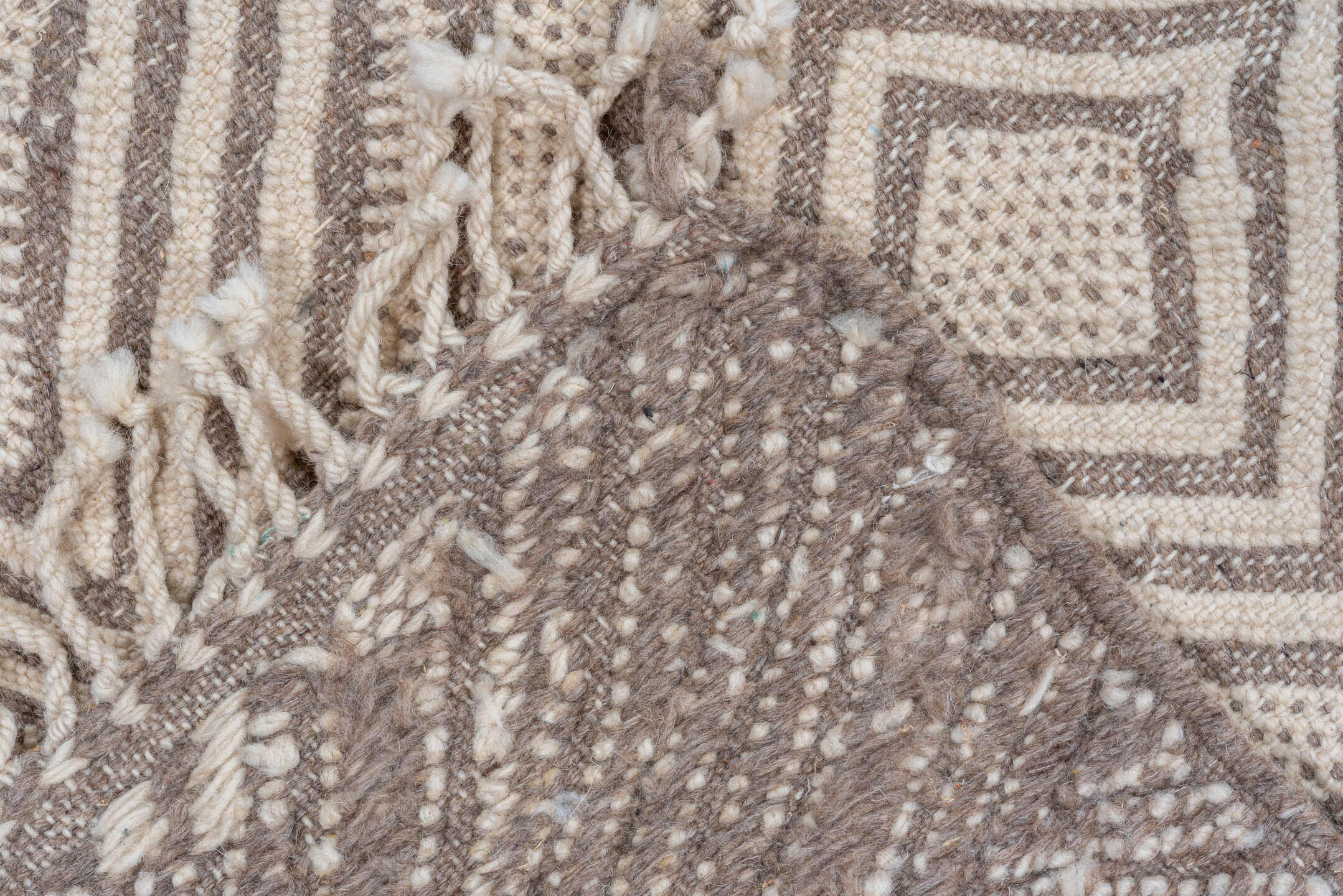 3' x 13' one-of-a-kind handmade vintage Kilim runner rug. Color palette: brown, gray, light gray, off-white, orange, pink