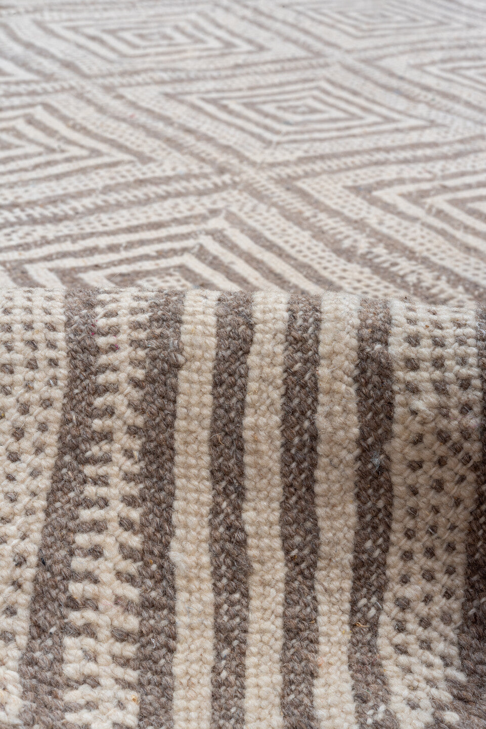 3' x 13' one-of-a-kind handmade vintage Kilim runner rug. Color palette: brown, gray, light gray, off-white, orange, pink