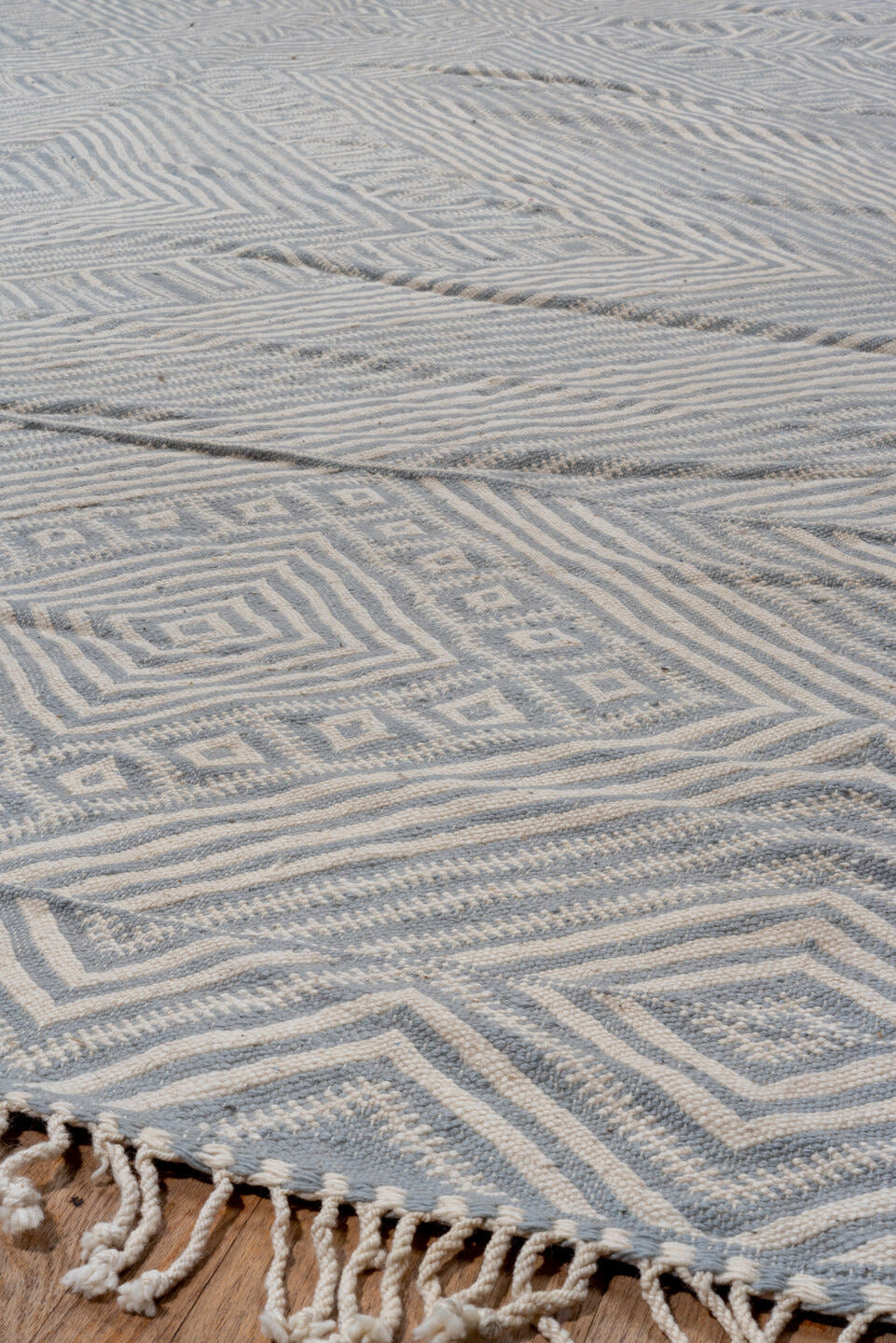 10' x 14' one-of-a-kind handmade vintage Kilim large size rug. Color palette: ivory, slate, pale blue, steel blue, gray