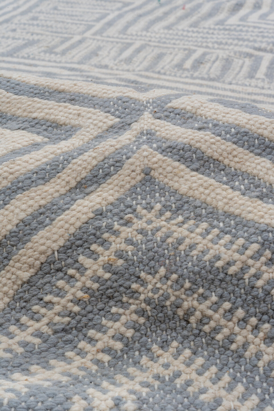 10' x 14' one-of-a-kind handmade vintage Kilim large size rug. Color palette: blue, brown, dark gray, floral white