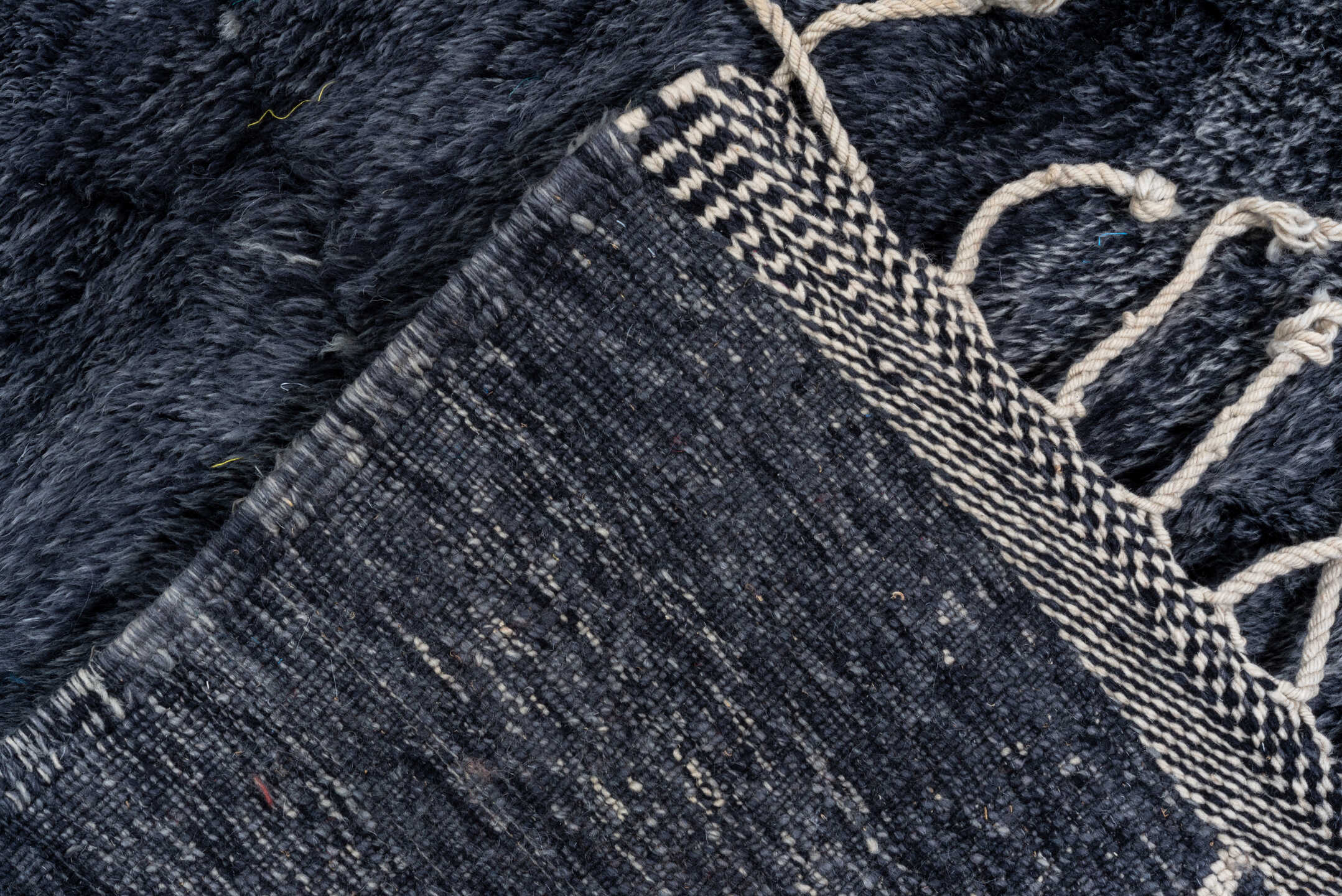 11' x 14' one-of-a-kind handmade vintage Moroccan oversize rug. Color palette: black, blue, charcoal, dark gray, dim gray