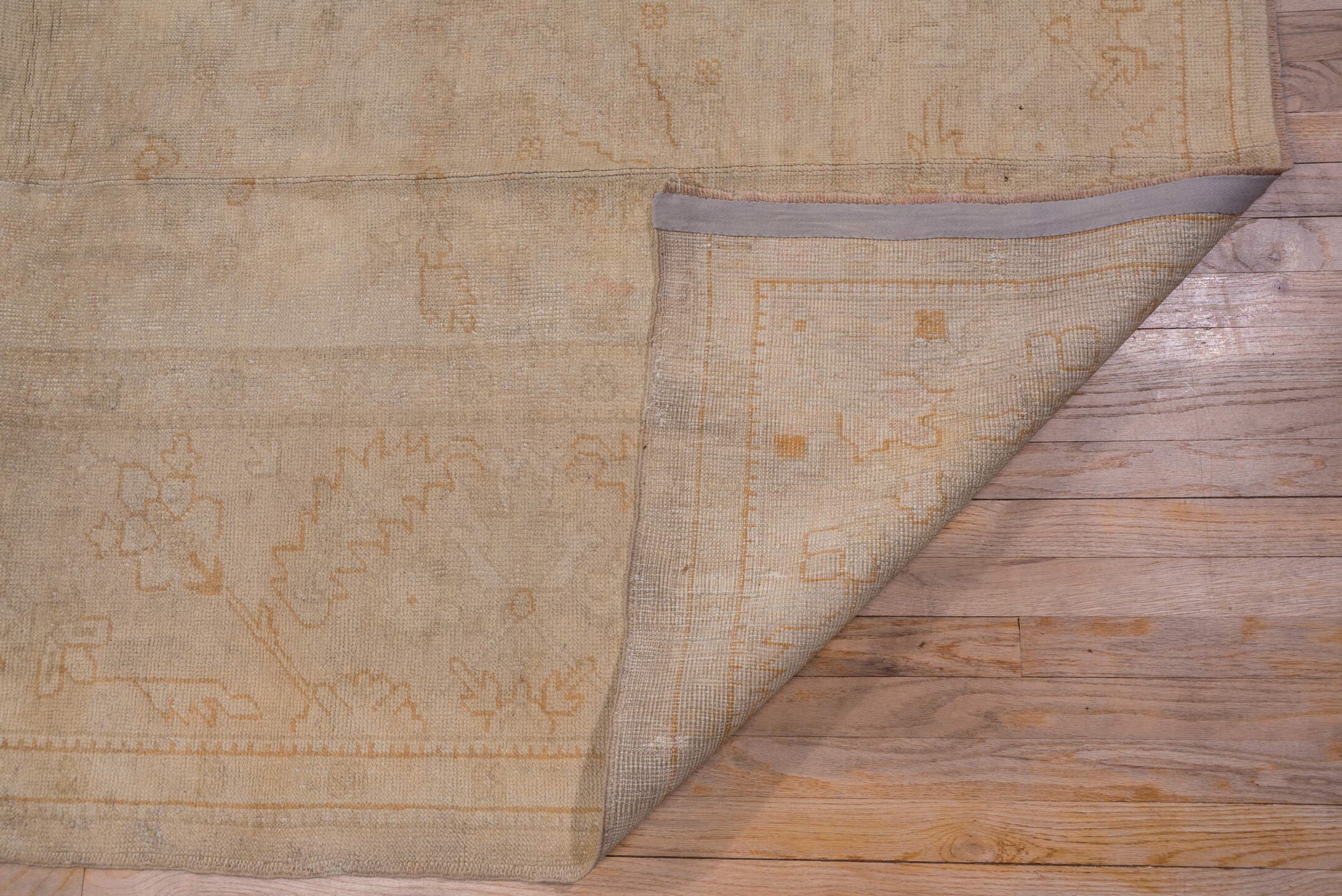 9' x 13' one-of-a-kind handmade antique Oushak large size rug. Color palette: ivory, beige, cream, pale peach, taupe