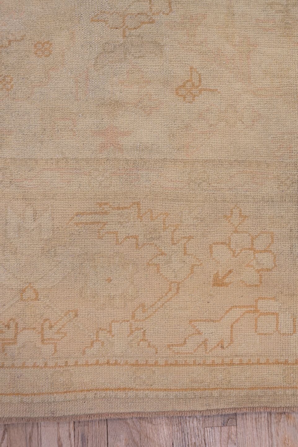 9' x 13' one-of-a-kind handmade antique Oushak large size rug. Color palette: ivory, beige, cream, pale peach, taupe