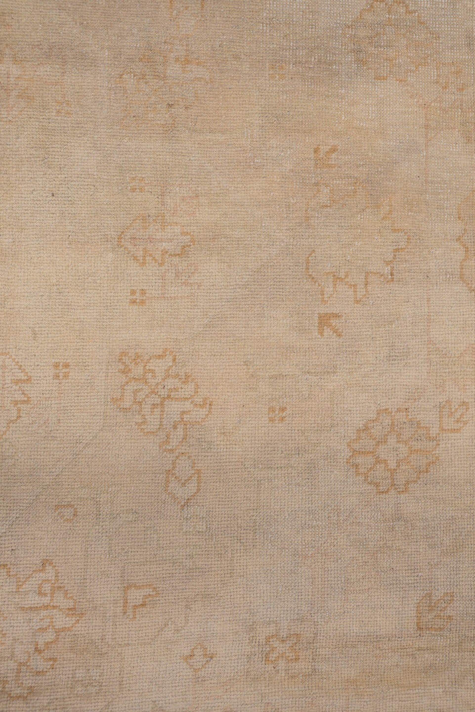 9' x 13' one-of-a-kind handmade antique Oushak large size rug. Color palette: ivory, beige, cream, pale peach, taupe