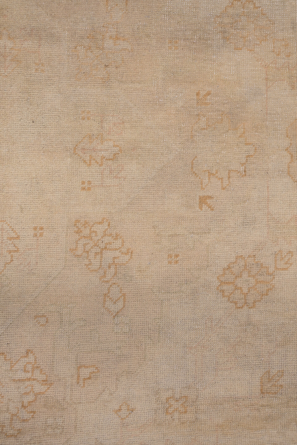 9' x 13' one-of-a-kind handmade antique Oushak large size rug. Color palette: ivory, beige, cream, pale peach, taupe