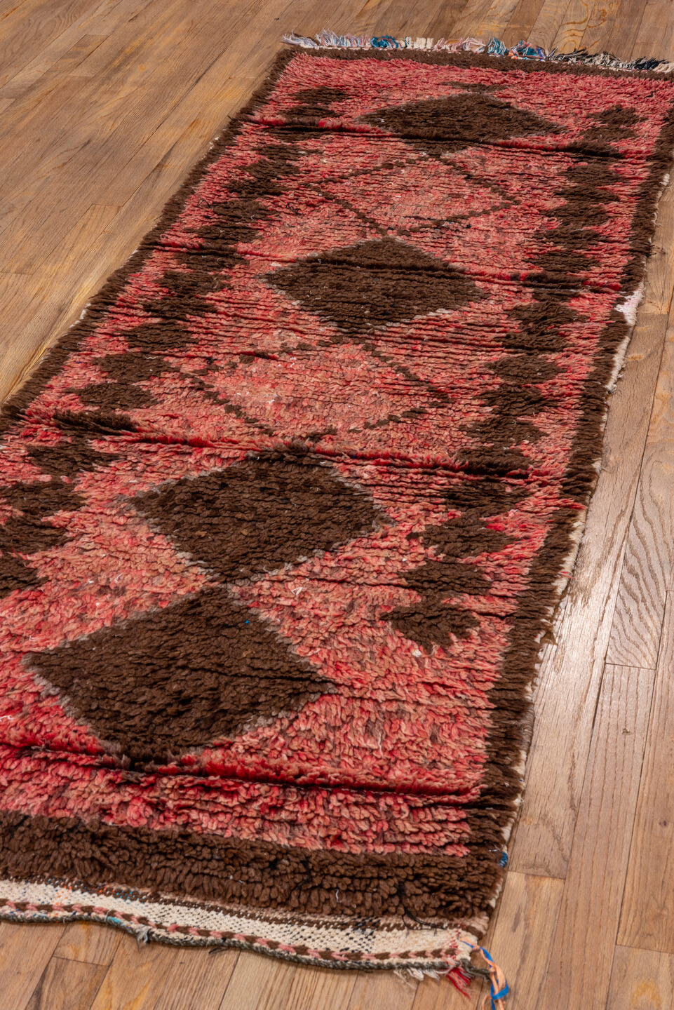 2' x 8' one-of-a-kind handmade vintage Moroccan runner rug. Color palette: rose, brown, dusty pink, mahogany, taupe, ivory