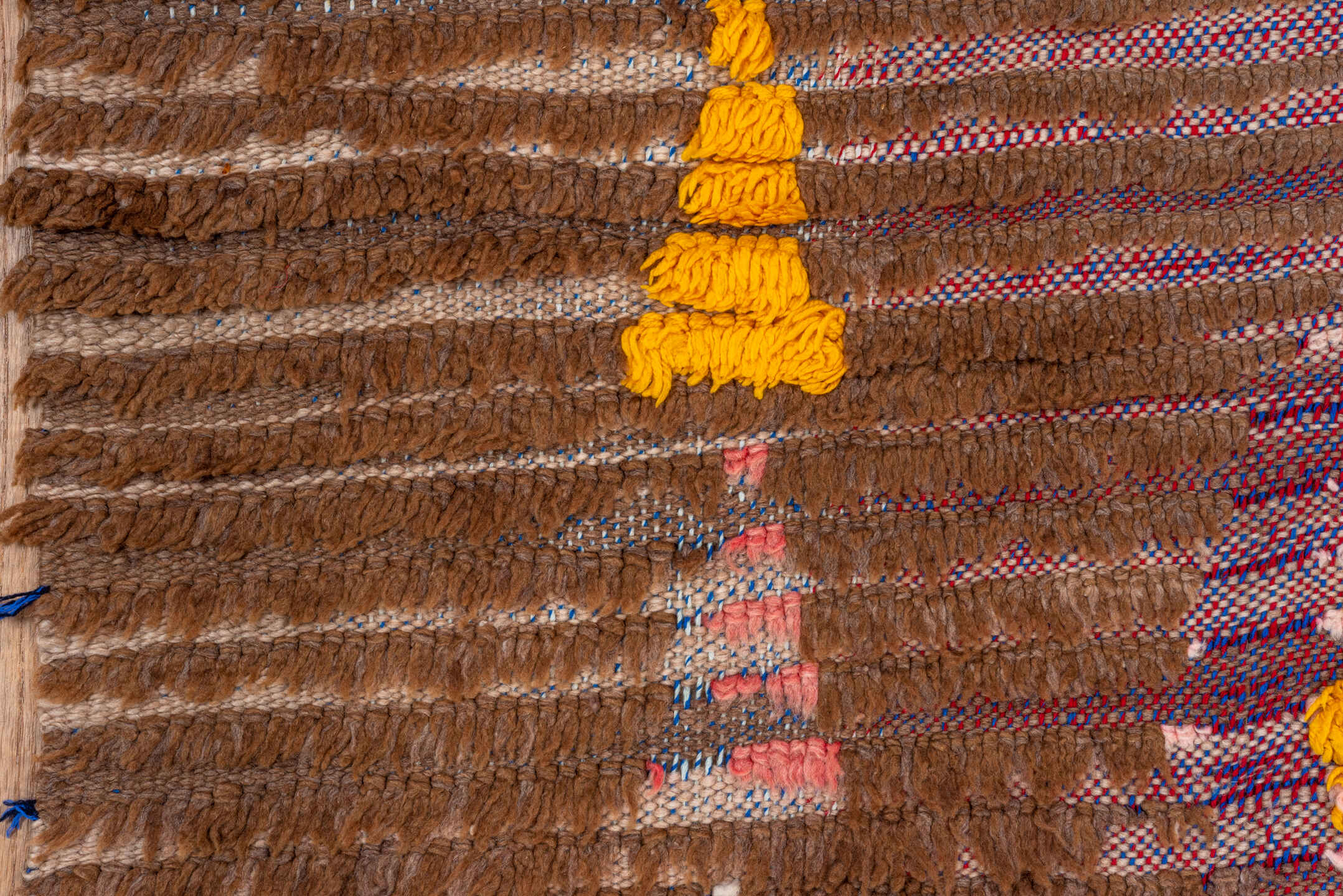 3' x 7' one-of-a-kind handmade vintage Moroccan rug. Color palette: brown, taupe, ivory, blush, saffron, rose, sky_blue