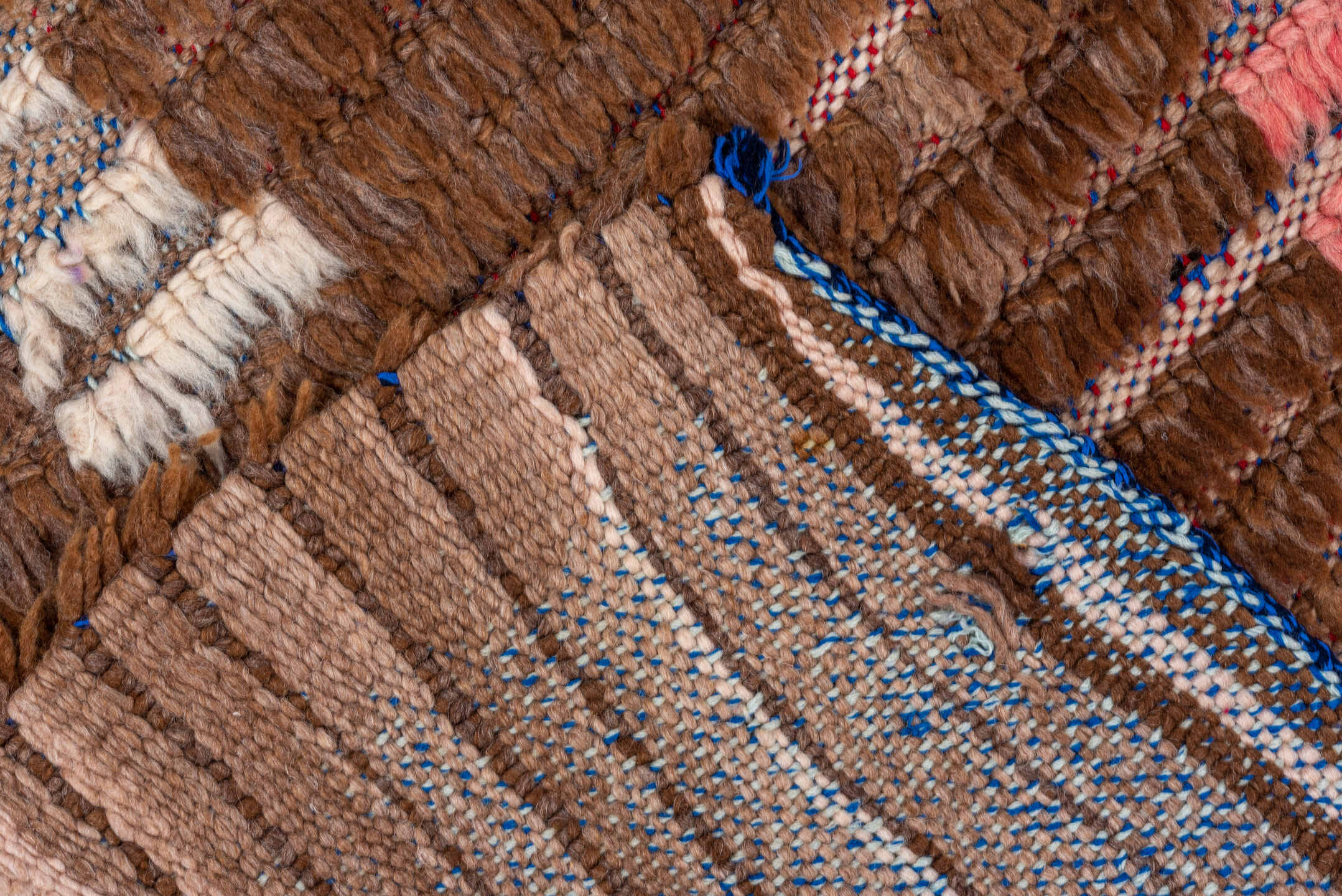 3' x 7' one-of-a-kind handmade vintage Moroccan rug. Color palette: blue, brown, gray, light gray, off-white, orange, pink