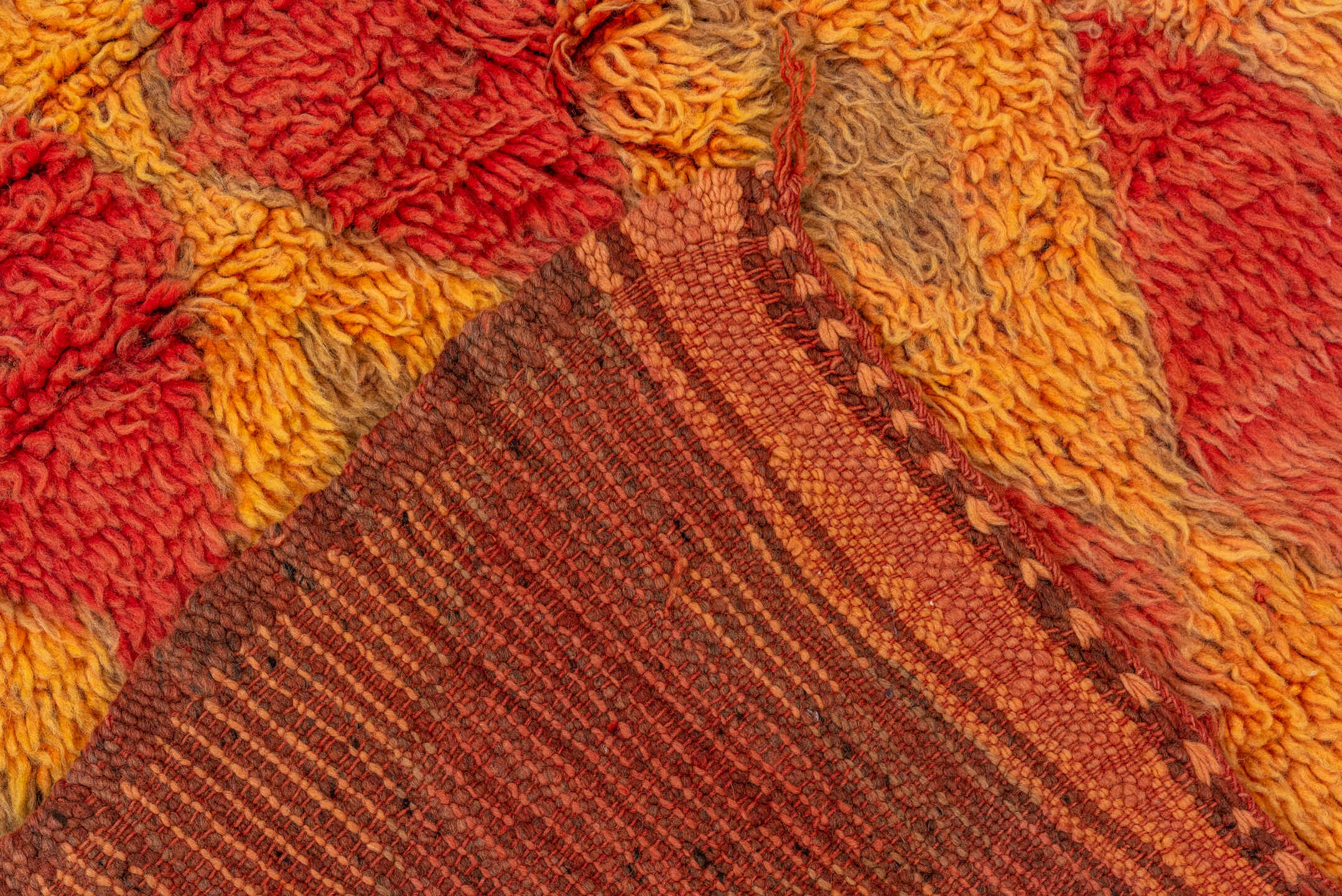 3' x 10' one-of-a-kind handmade vintage Moroccan runner rug. Color palette: coral, saffron, terra cotta, taupe, rose, camel