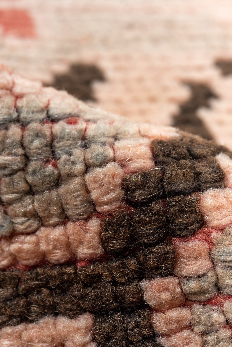 3' x 11' one-of-a-kind handmade vintage Moroccan runner rug. Color palette: blush, terra cotta, ivory, charcoal, dusty rose