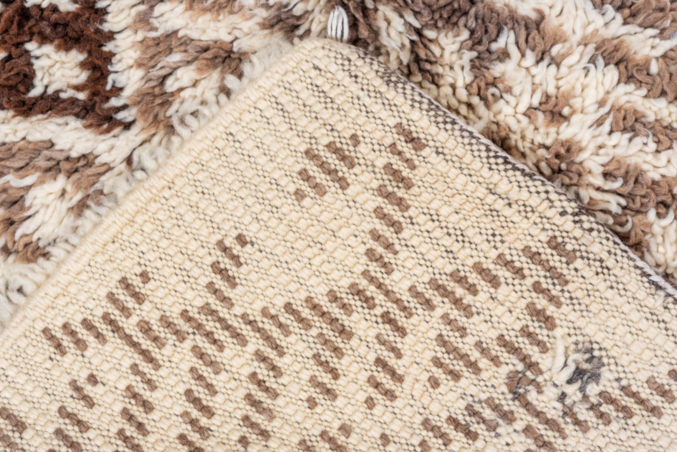 3' x 7' one-of-a-kind handmade vintage Moroccan rug. Color palette: ivory, brown, taupe, cream, beige, gray