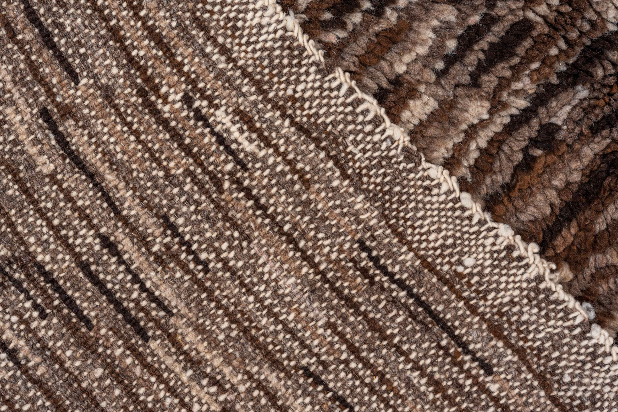 6' x 9' one-of-a-kind handmade vintage Moroccan medium size rug. Color palette: brown, taupe, camel, charcoal, ivory, beige