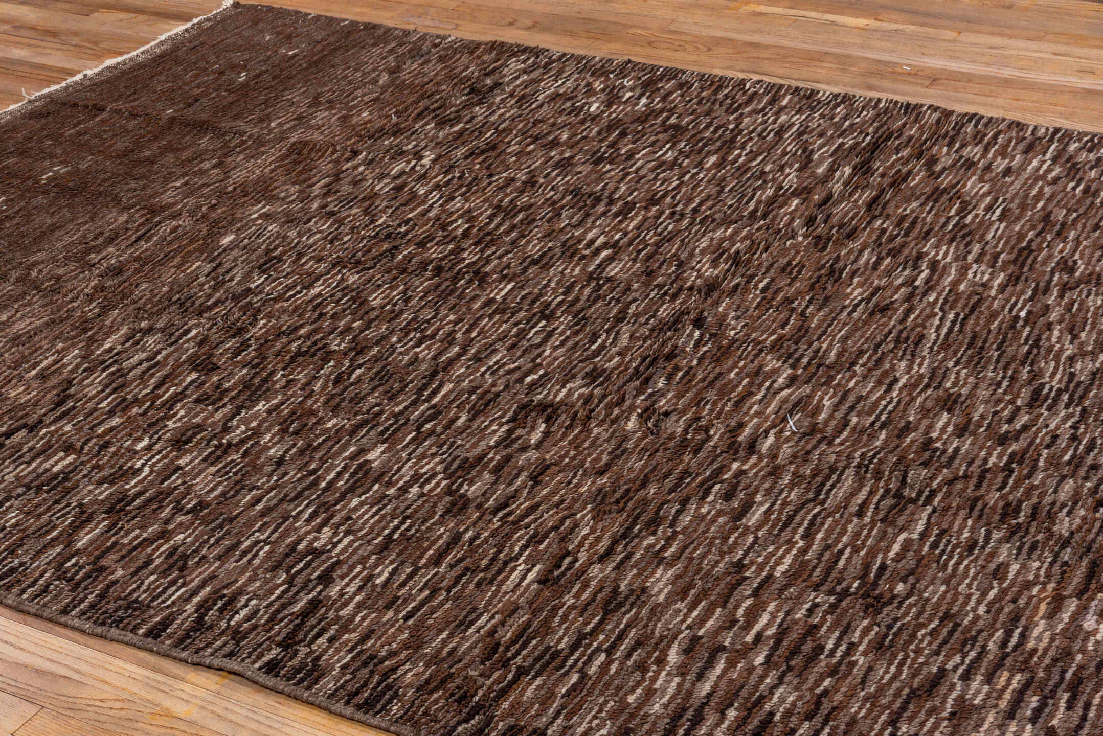 6' x 9' one-of-a-kind handmade vintage Moroccan medium size rug. Color palette: brown, taupe, camel, charcoal, ivory, beige
