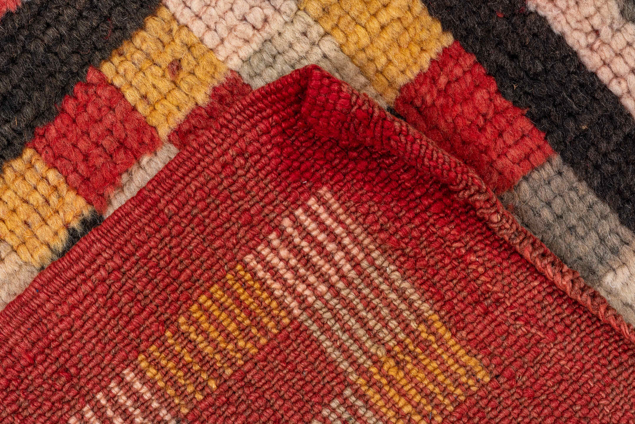 5' x 8' one-of-a-kind handmade vintage Moroccan medium size rug. Color palette: brown, dark red, fire brick, gray, maroon