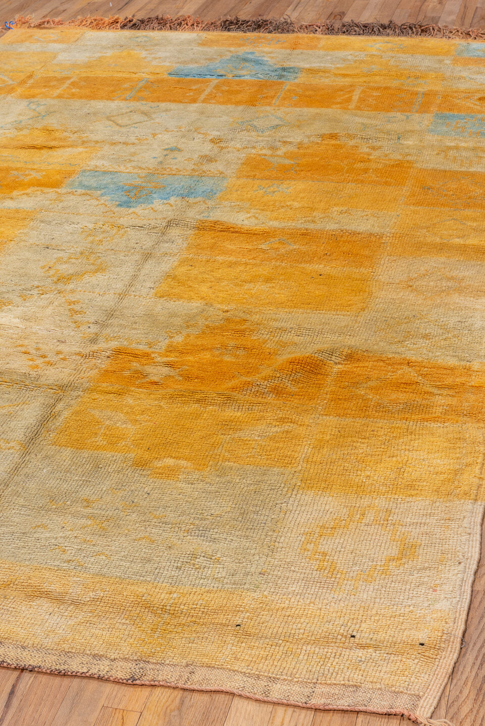 6' x 10' one-of-a-kind handmade vintage Moroccan large size rug. Color palette: saffron, ivory, gold, sky_blue, camel, taupe