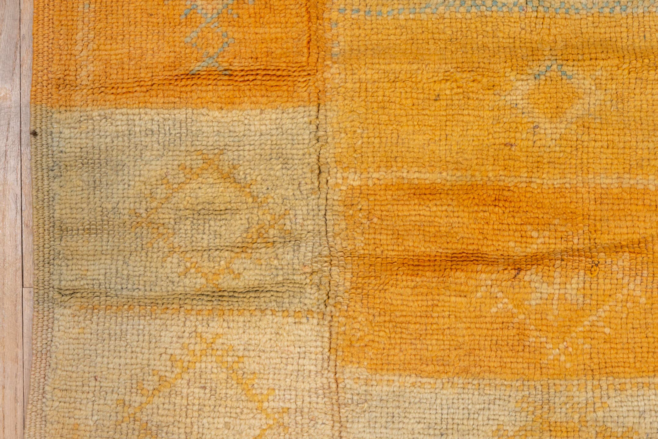 6' x 10' one-of-a-kind handmade vintage Moroccan large size rug. Color palette: saffron, ivory, gold, sky_blue, camel, taupe