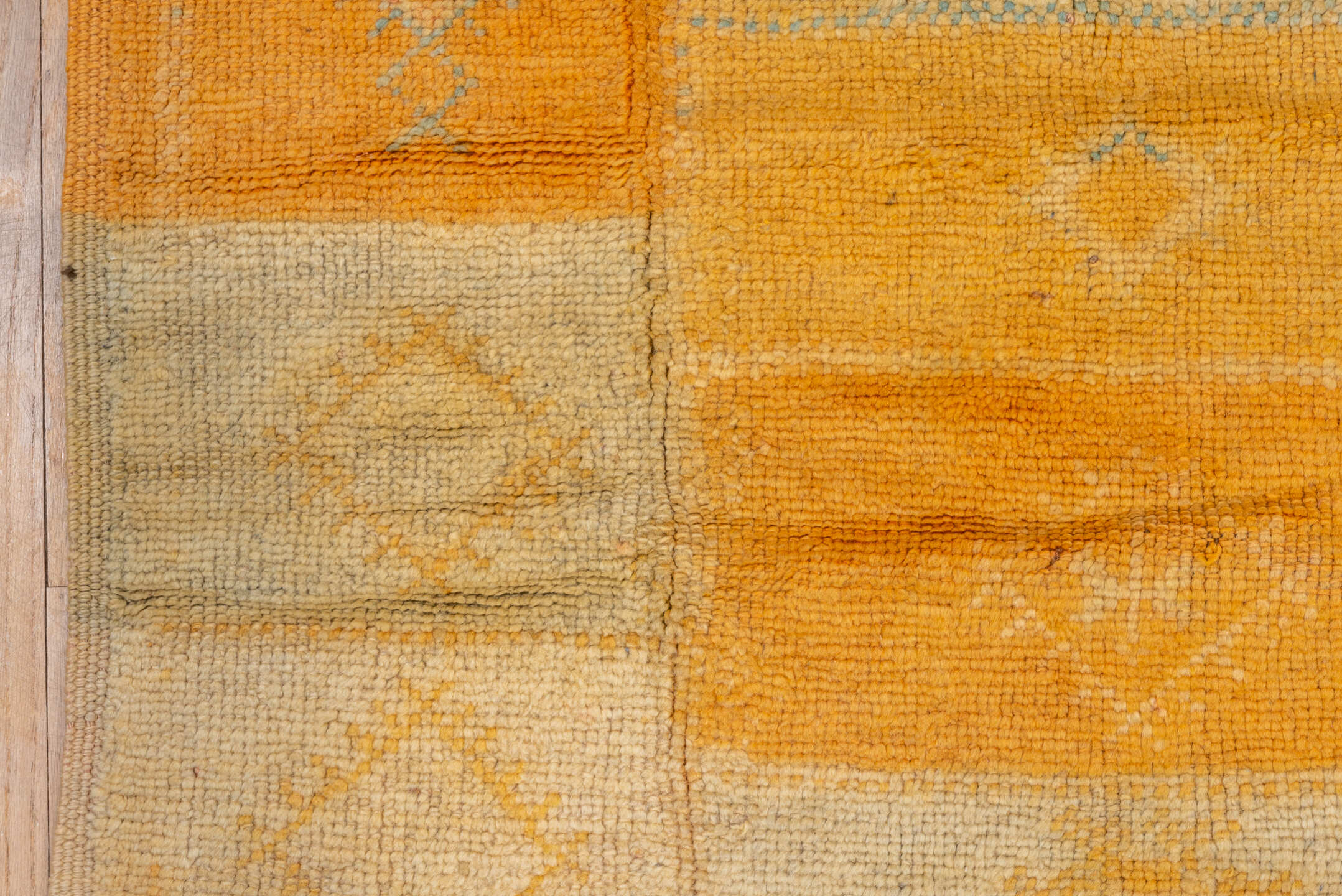 6' x 10' one-of-a-kind handmade vintage Moroccan large size rug. Color palette: saffron, ivory, gold, sky_blue, camel, taupe