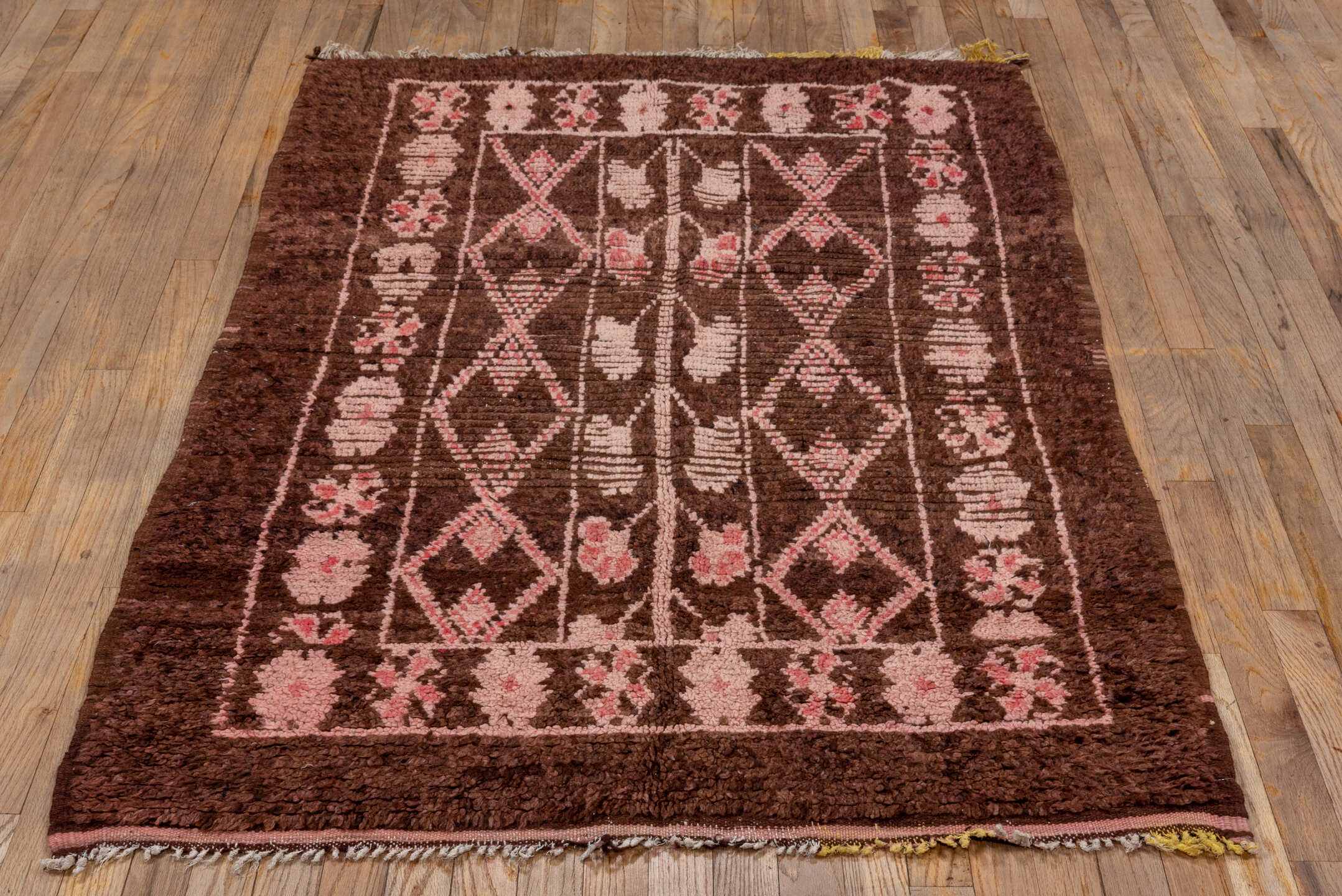3' x 6' one-of-a-kind handmade vintage Moroccan small size rug. Color palette: brown, blush, rose, charcoal, pink, red, gray
