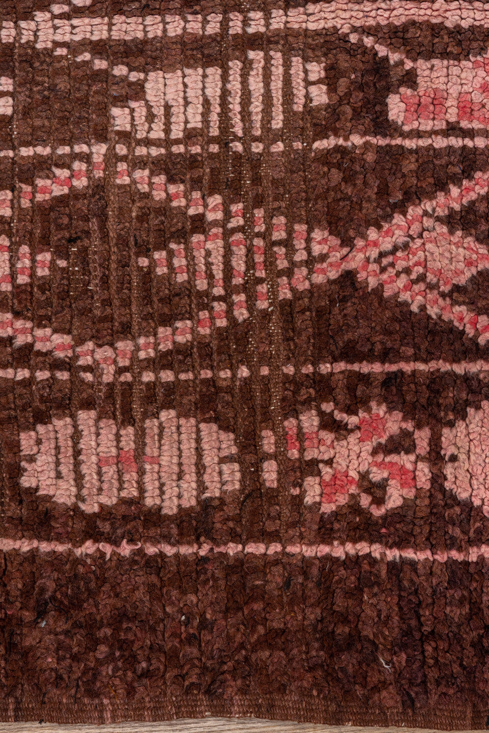 3' x 6' one-of-a-kind handmade vintage Moroccan small size rug. Color palette: brown, blush, rose, charcoal, pink, red, gray