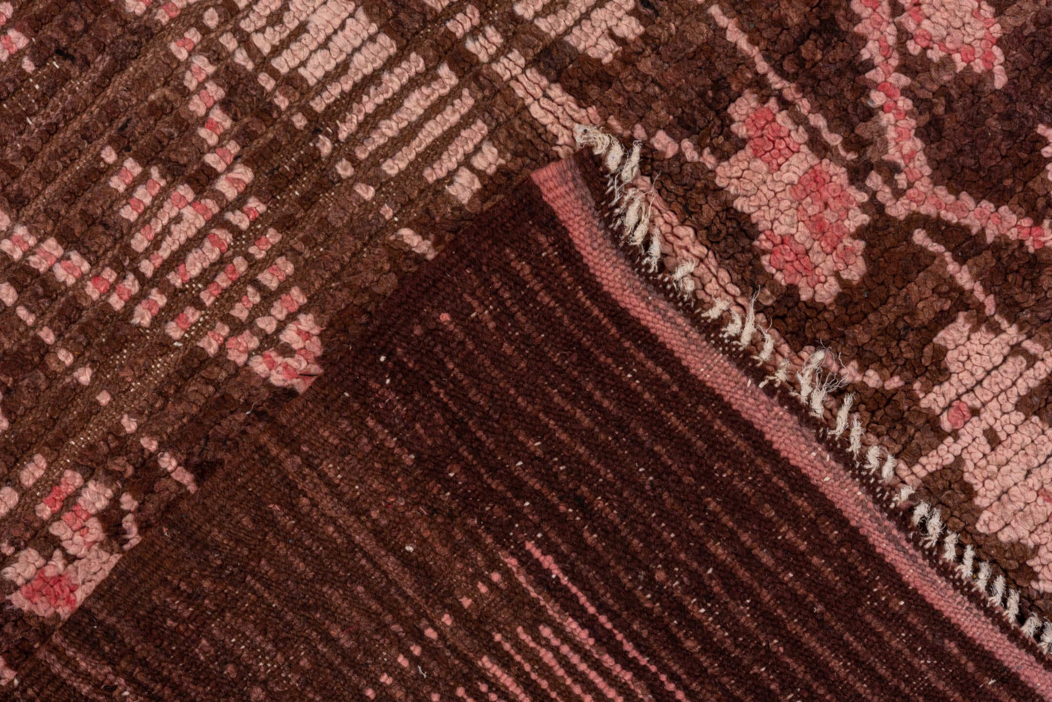 3' x 6' one-of-a-kind handmade vintage Moroccan small size rug. Color palette: brown, blush, rose, charcoal, pink, red, gray