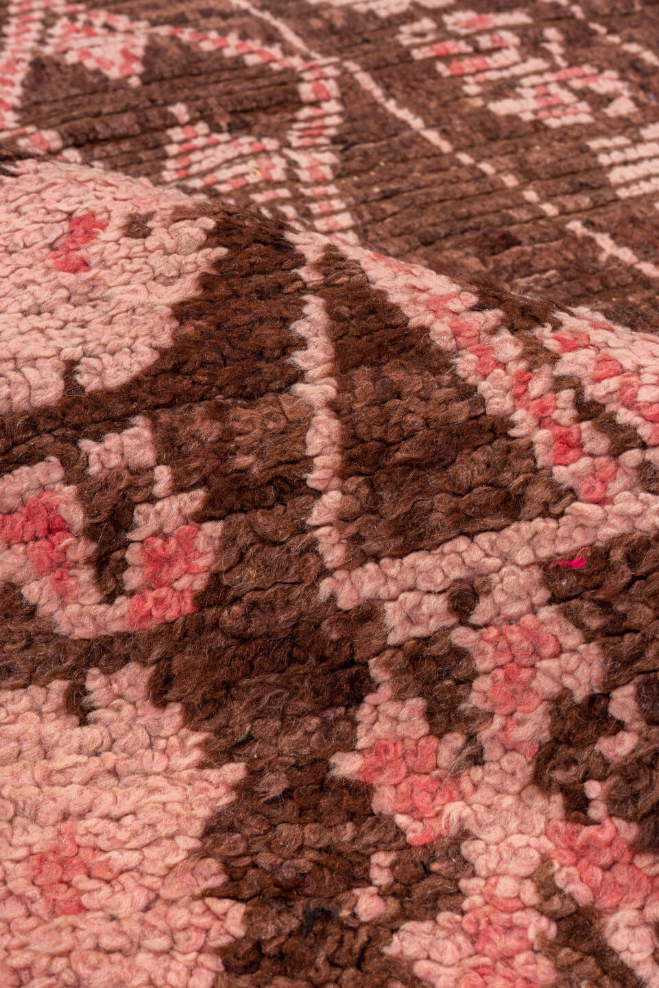 3' x 6' one-of-a-kind handmade vintage Moroccan small size rug. Color palette: brown, blush, rose, charcoal, pink, red, gray
