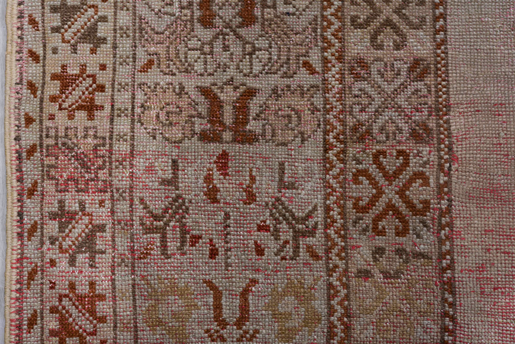 8' x 13' one-of-a-kind handmade antique Moroccan large size rug. Color palette: blush, ivory, taupe, brown, rose, camel
