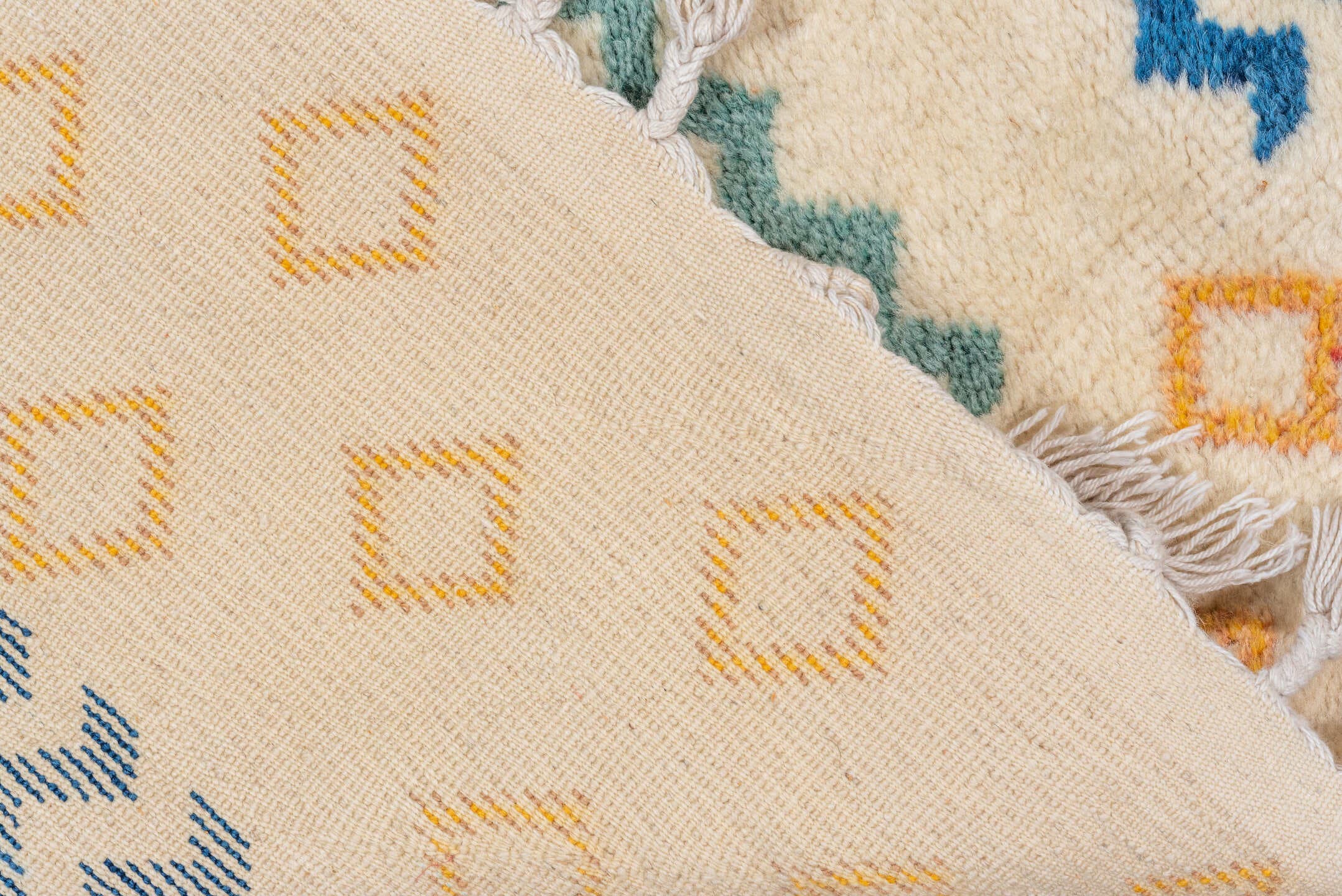 7' x 10' one-of-a-kind handmade vintage Moroccan large size rug. Color palette: ivory, gold, charcoal, sky_blue, teal