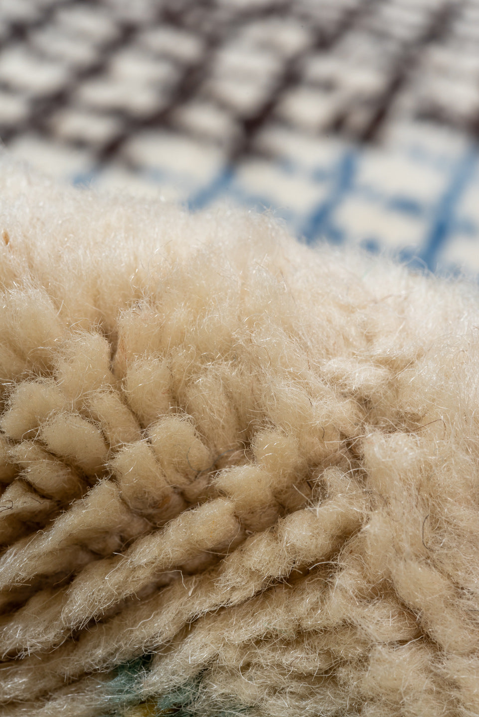 7' x 10' one-of-a-kind handmade vintage Moroccan large size rug. Color palette: arapawa, blue, brown, burlywood, gray