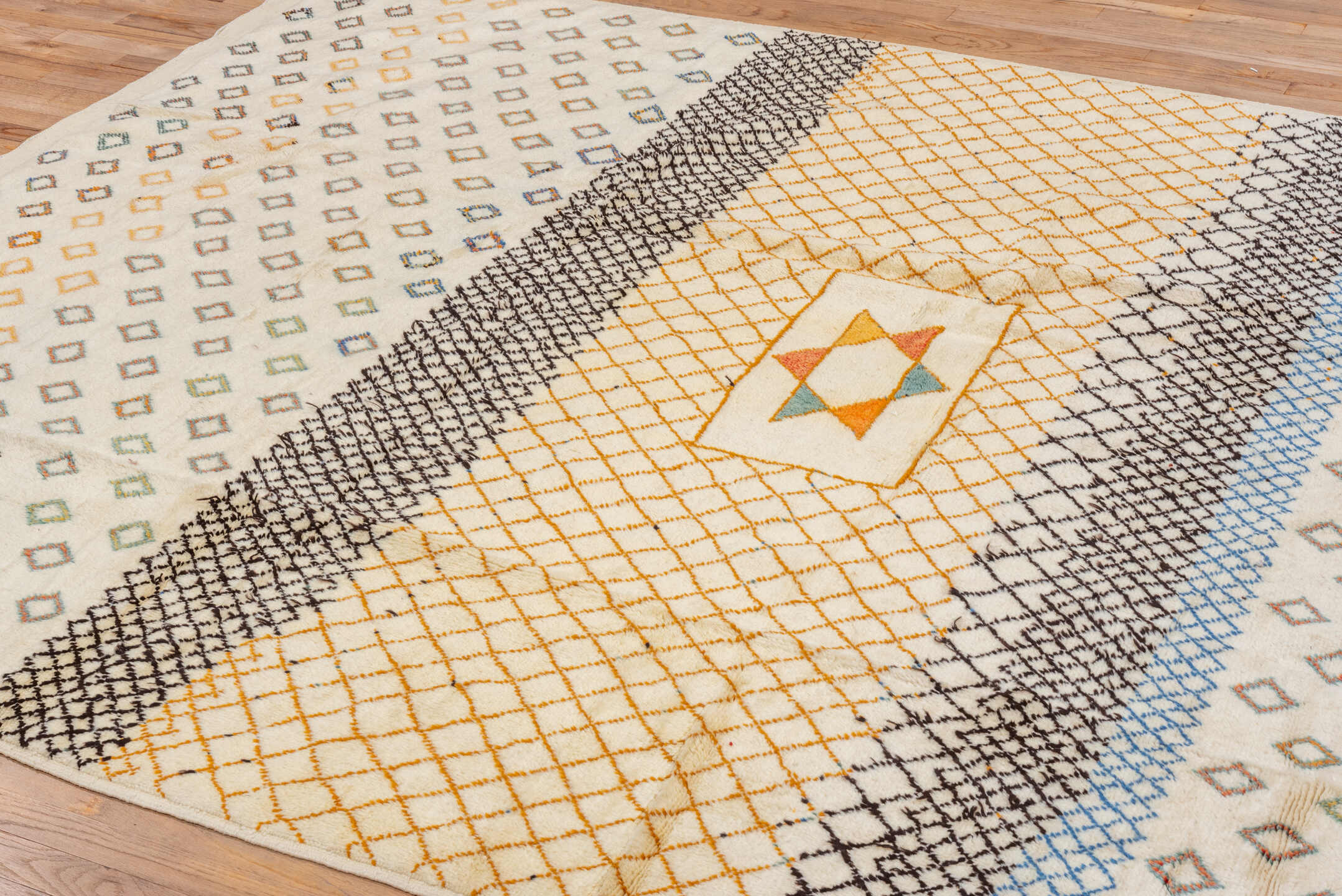 7' x 10' one-of-a-kind handmade vintage Moroccan large size rug. Color palette: ivory, gold, charcoal, sky_blue, teal